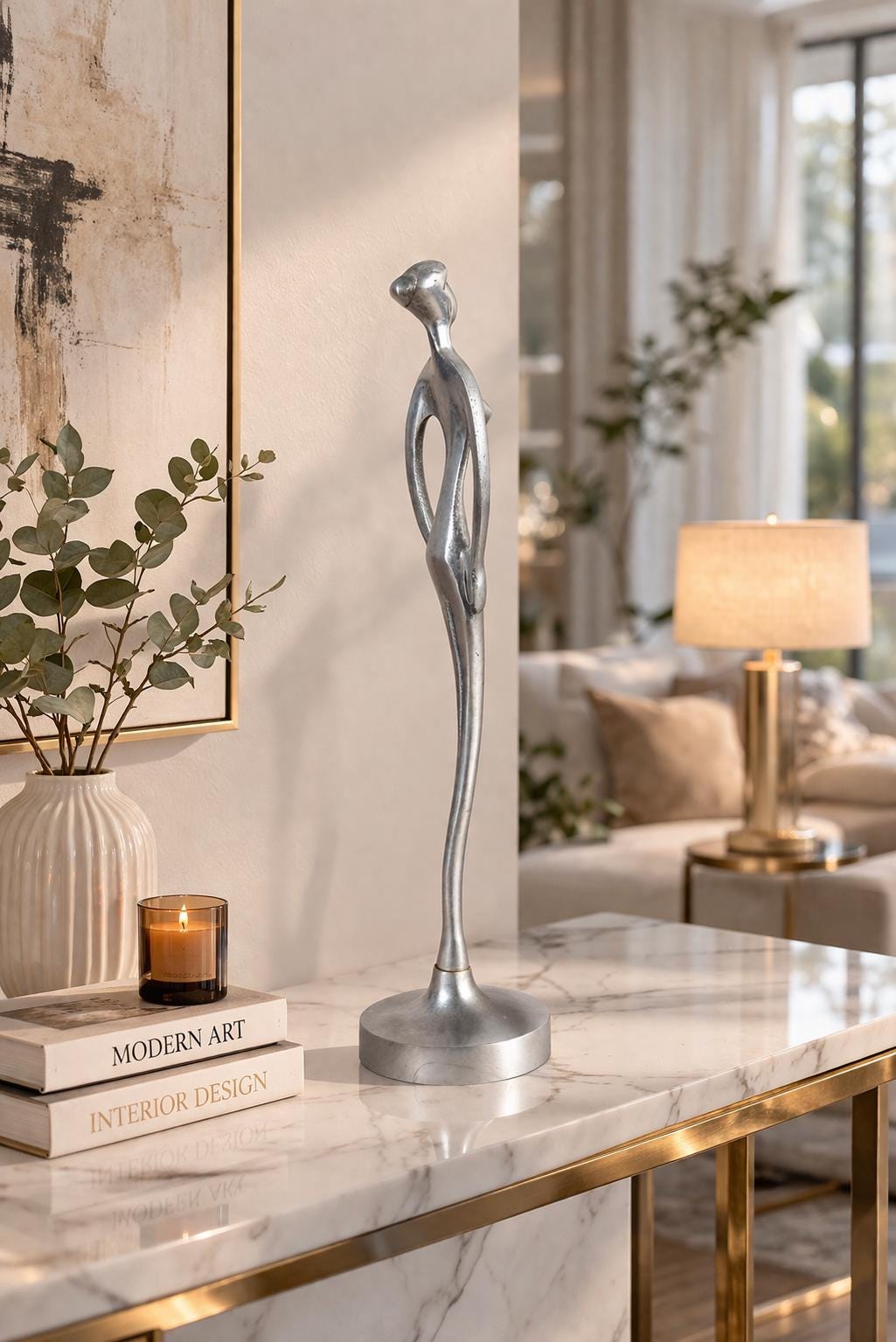 Silver-Toned Metal Abstract Figure Sculpture, Elongated Form, 1970s