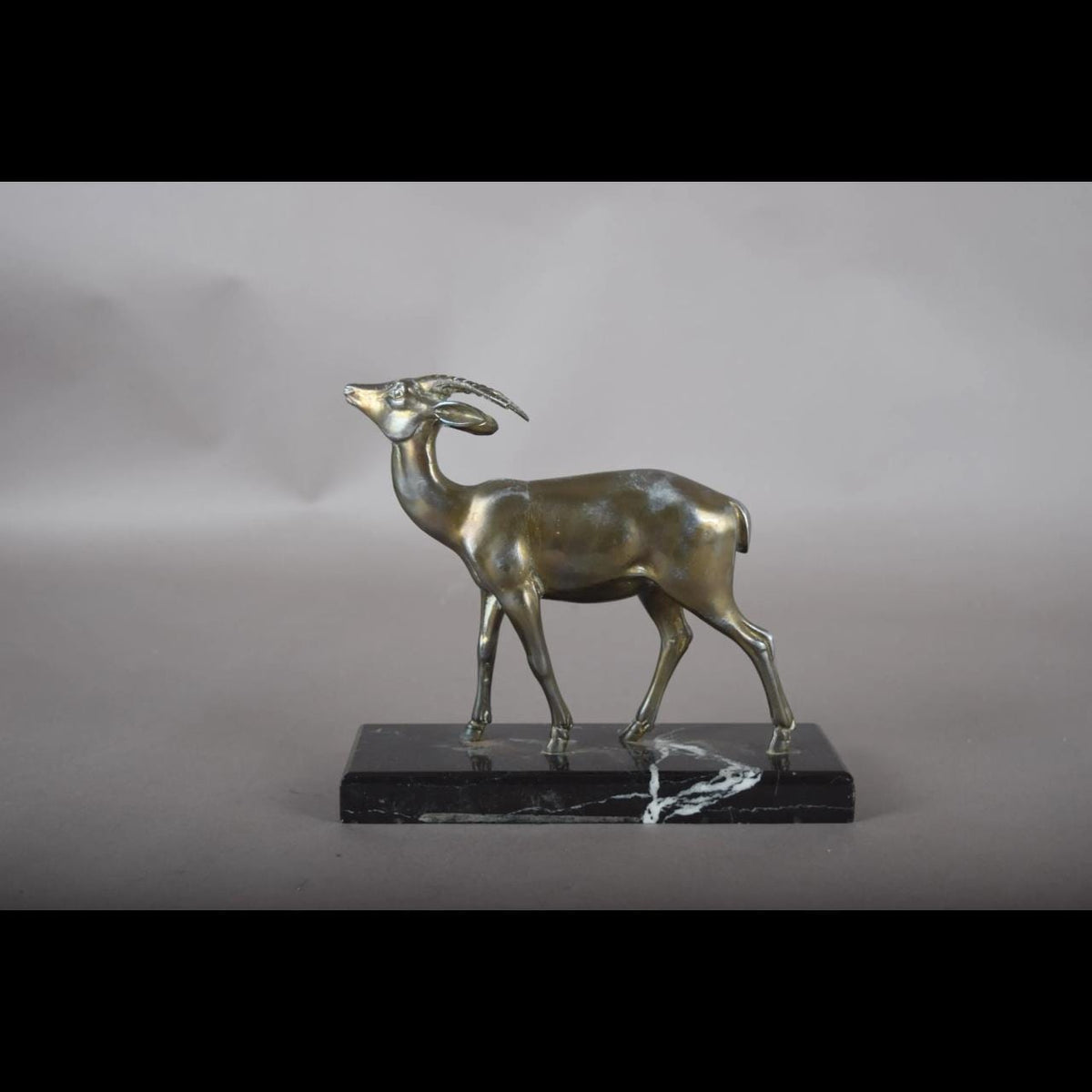 Vintage Spelter Antelope Sculpture, Art Deco Style, Black Marble Base, 1930s