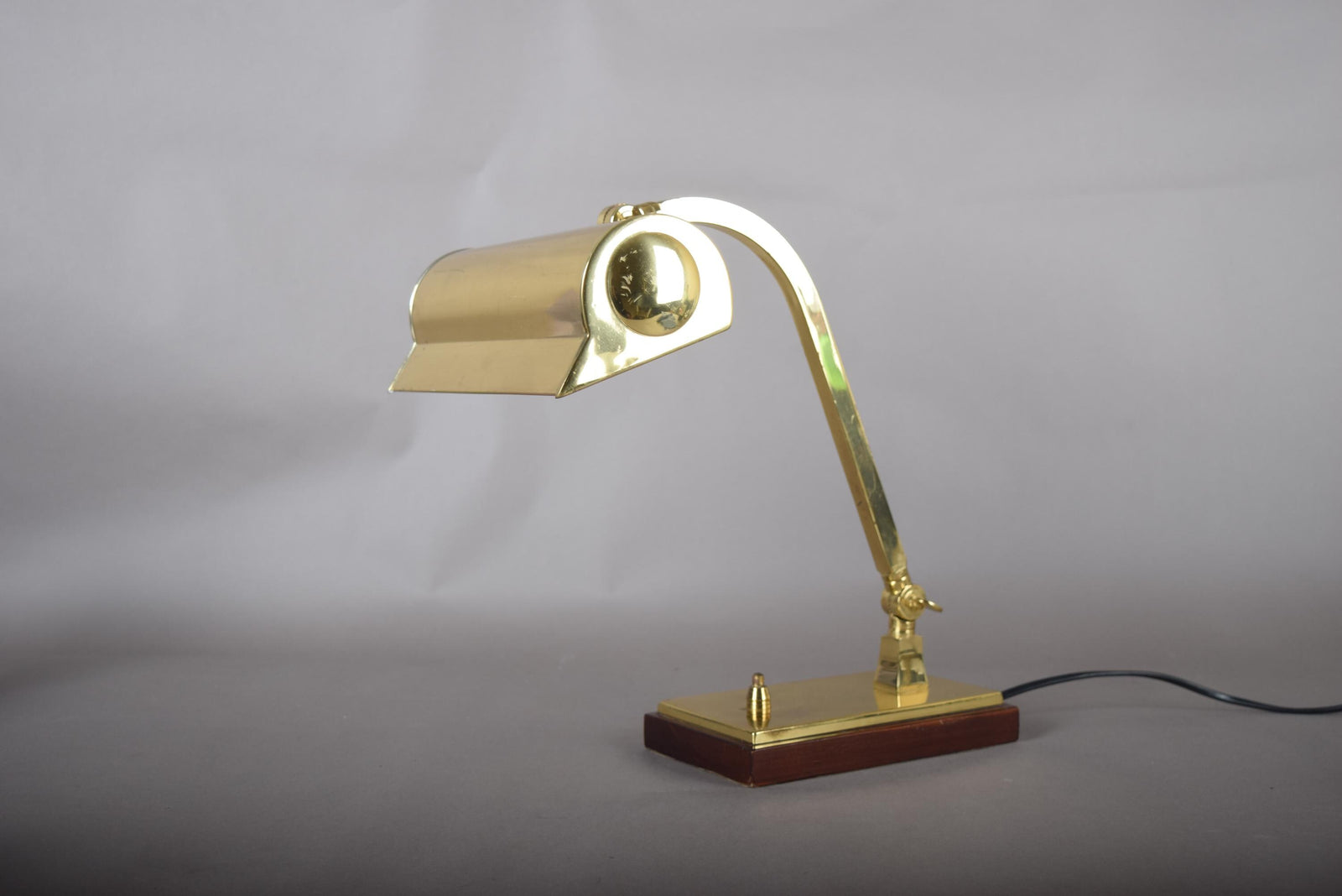 Vintage Brass Banker's Desk Lamp, Adjustable Arm, Wood Base, 1950s