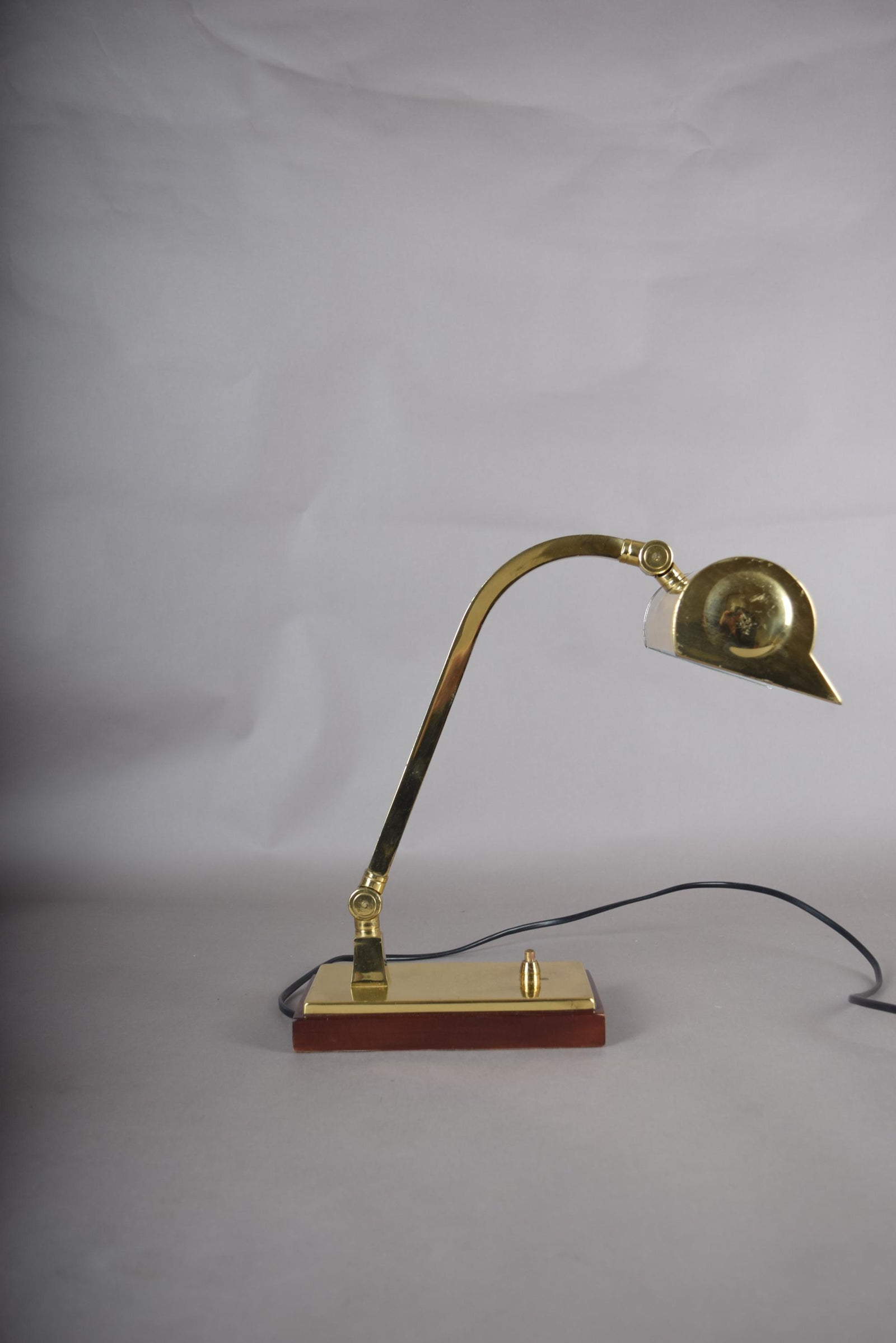 Vintage Brass Banker's Desk Lamp, Adjustable Arm, Wood Base, 1950s