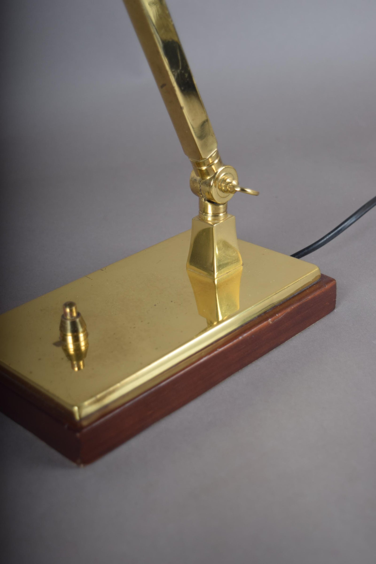 Vintage Brass Banker's Desk Lamp, Adjustable Arm, Wood Base, 1950s