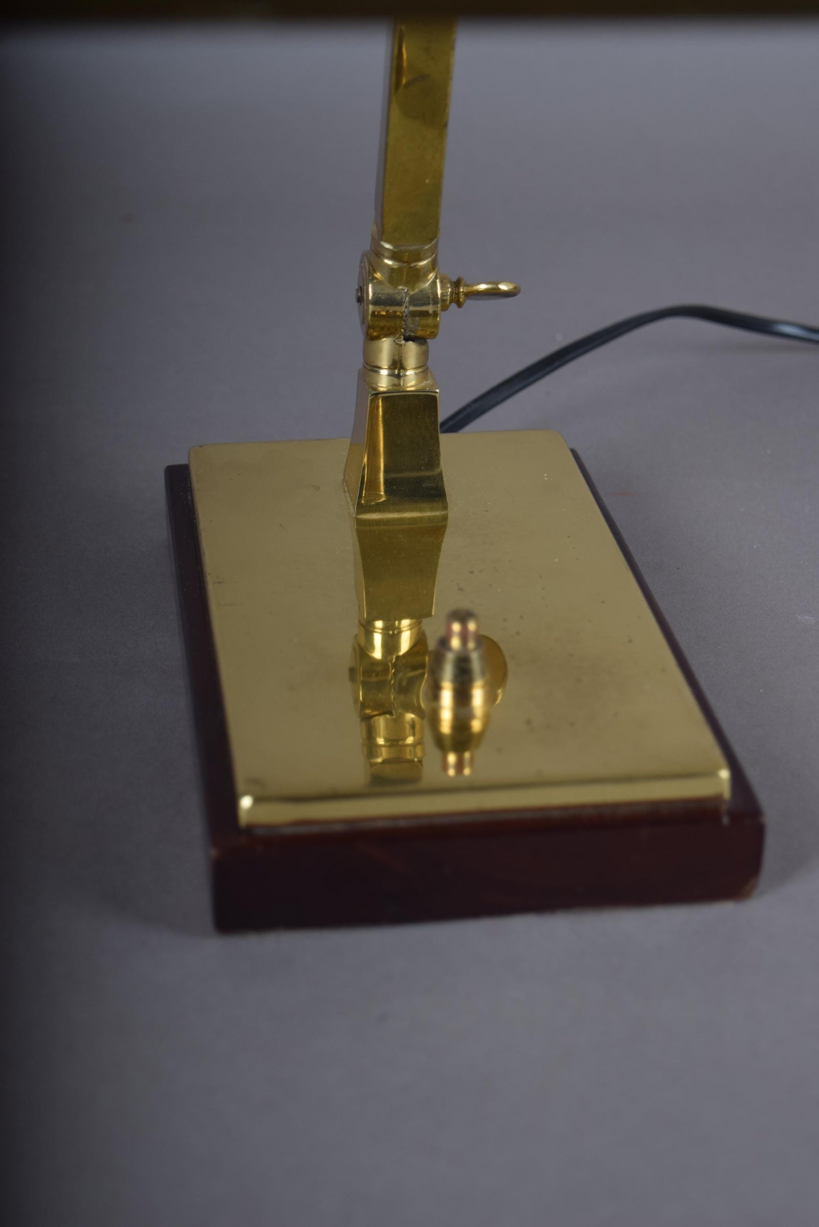 Vintage Brass Banker's Desk Lamp, Adjustable Arm, Wood Base, 1950s