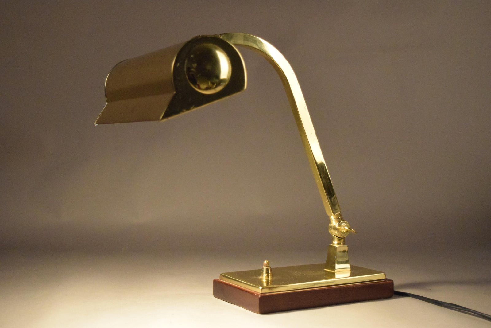 Vintage Brass Banker's Desk Lamp, Adjustable Arm, Wood Base, 1950s