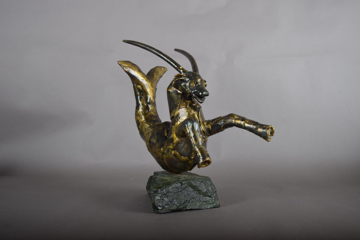 Bronze Capricorn Sculpture, Signed Faust 1994 — Mythical Zodiac Form on Stone Base