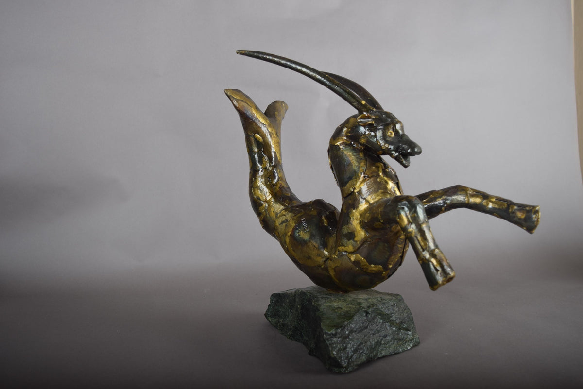 Bronze Capricorn Sculpture, Signed Faust 1994 — Mythical Zodiac Form on Stone Base