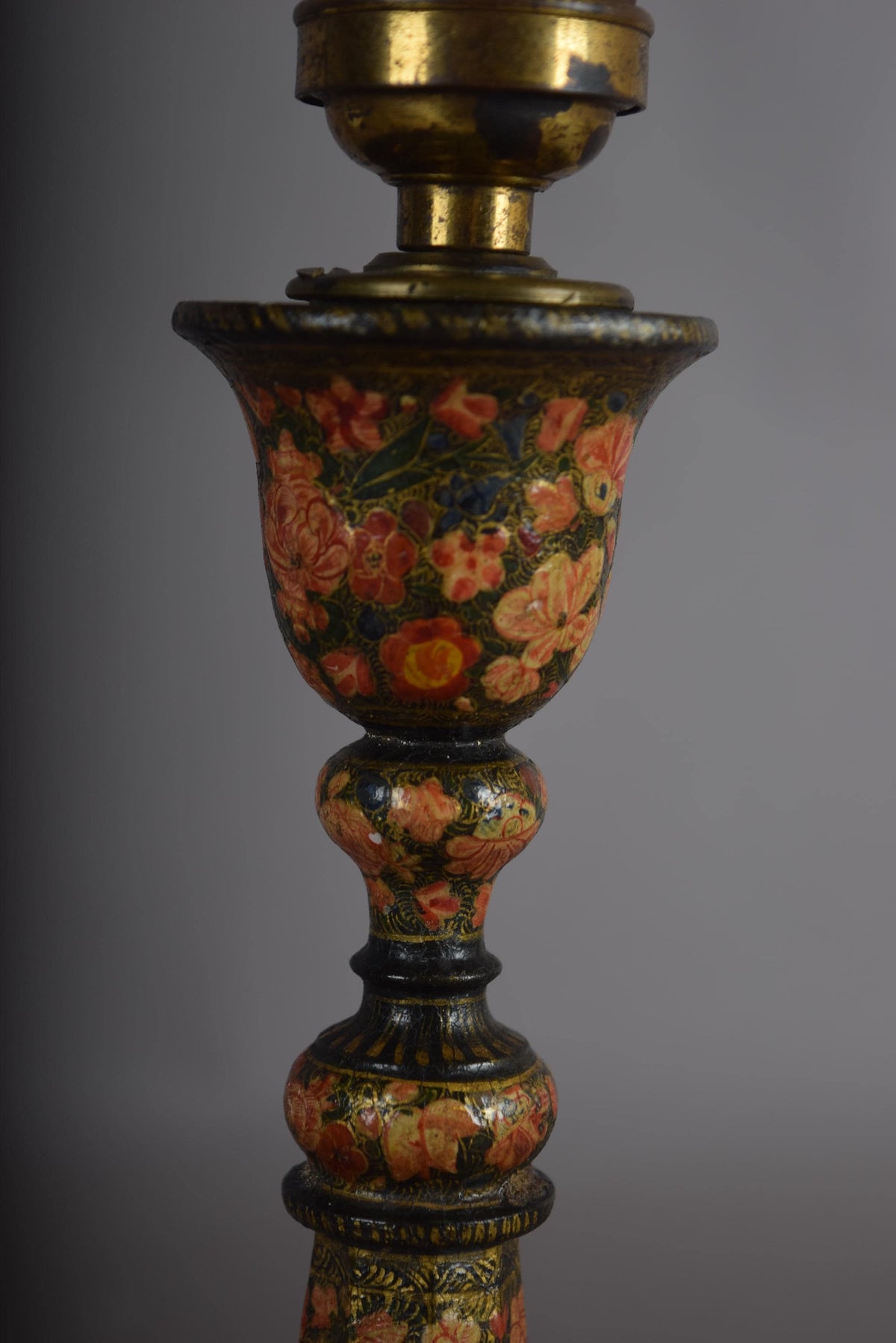 Hand-Painted Kashmiri Wood Lamp Base, 1910s, Vintage Floral Bohemian Accent, Antique Bedside Table Lamp
