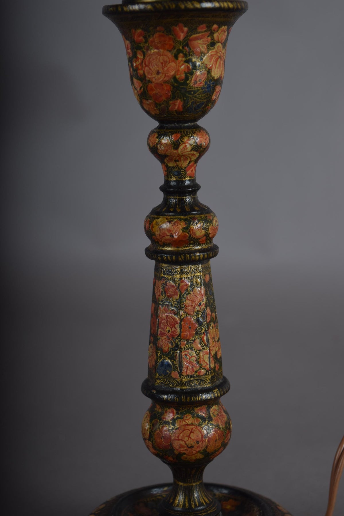 Hand-Painted Kashmiri Wood Lamp Base, 1910s, Vintage Floral Bohemian Accent, Antique Bedside Table Lamp