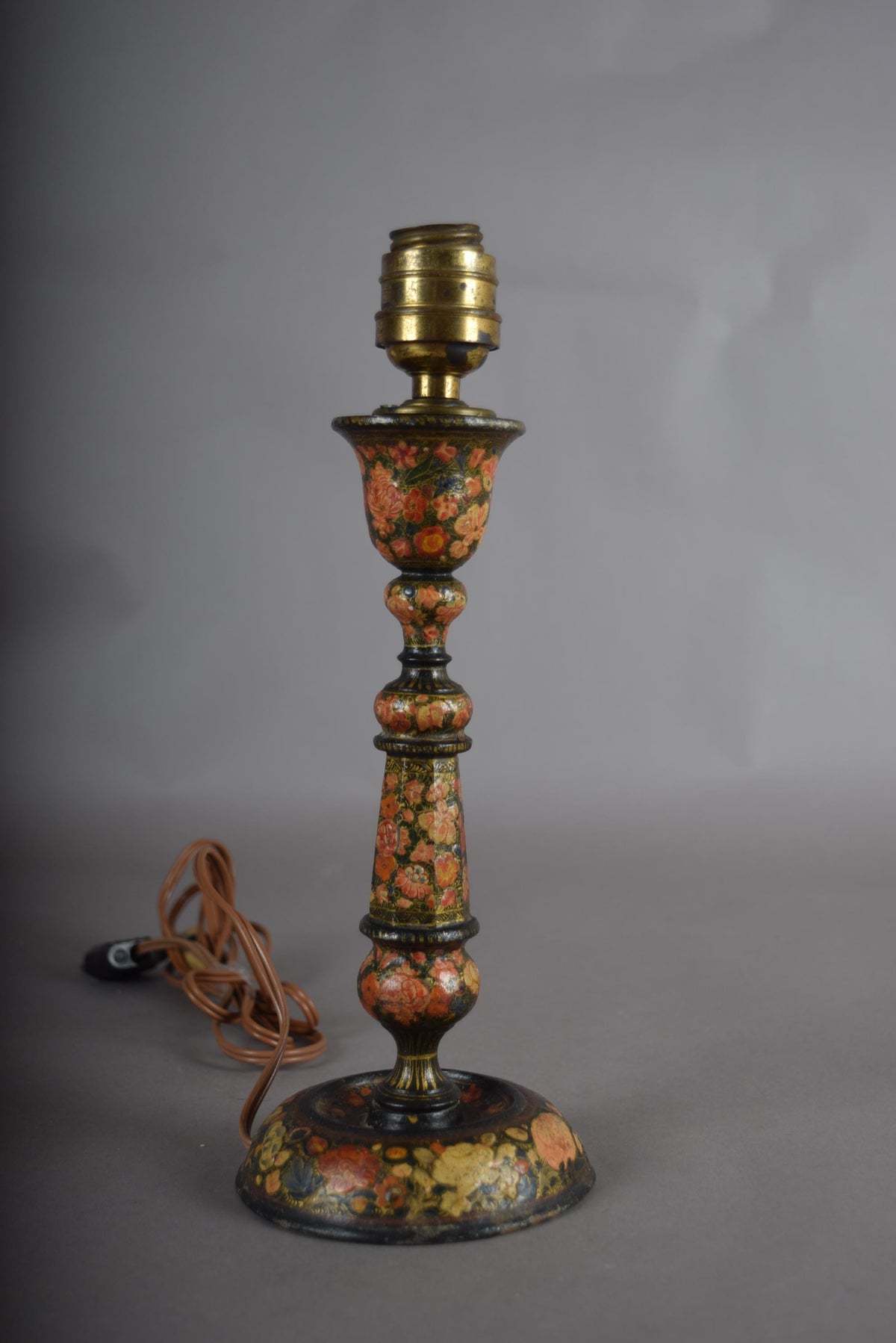 Hand-Painted Kashmiri Wood Lamp Base, 1910s, Vintage Floral Bohemian Accent, Antique Bedside Table Lamp