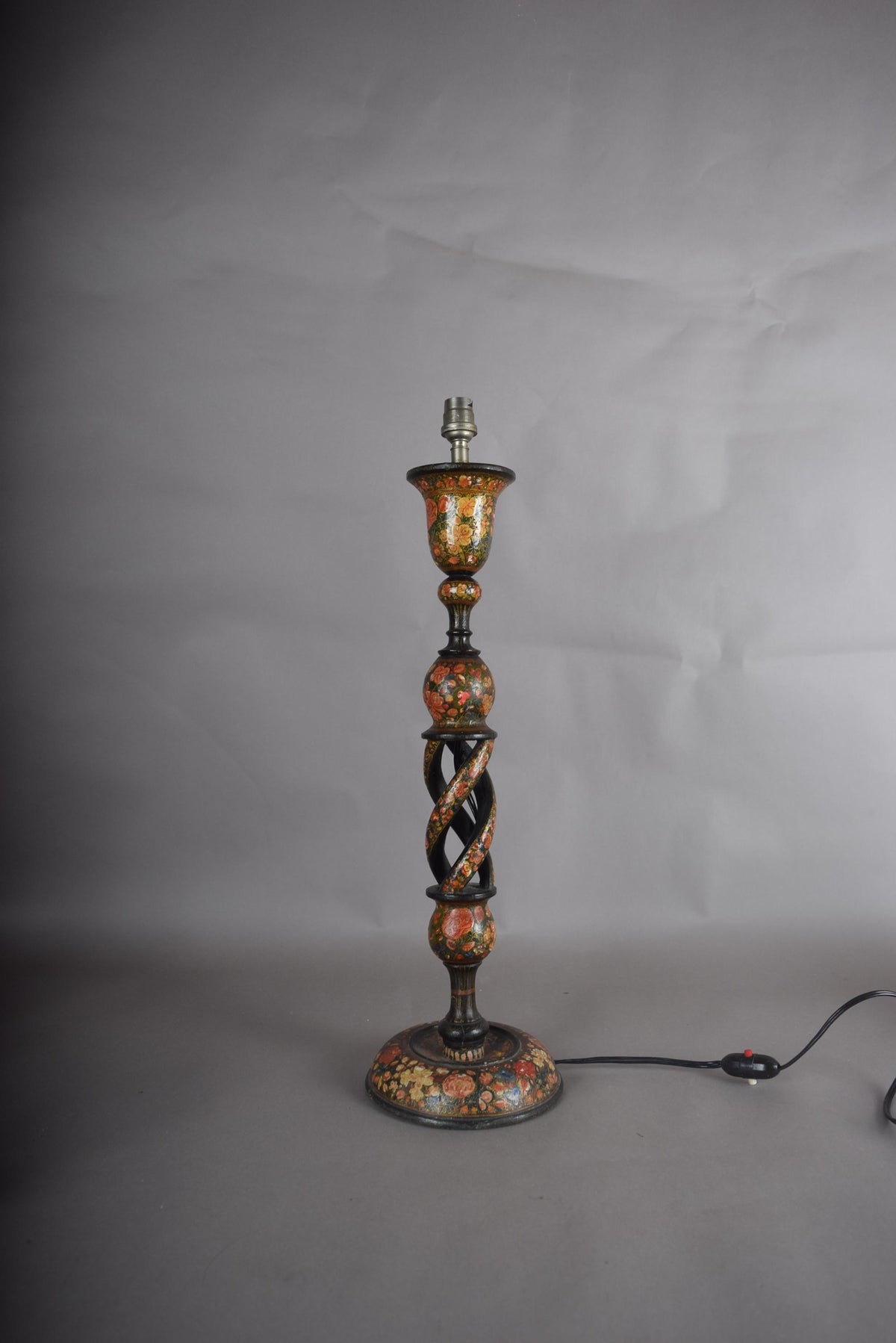Kashmiri Hand-Painted Wood Table Lamp, Naqashi Floral Decoration, Twisted Column