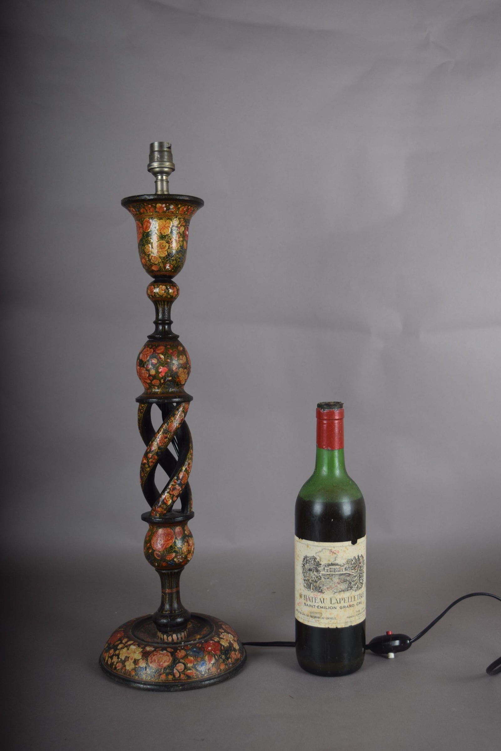 Kashmiri Hand-Painted Wood Table Lamp, Naqashi Floral Decoration, Twisted Column