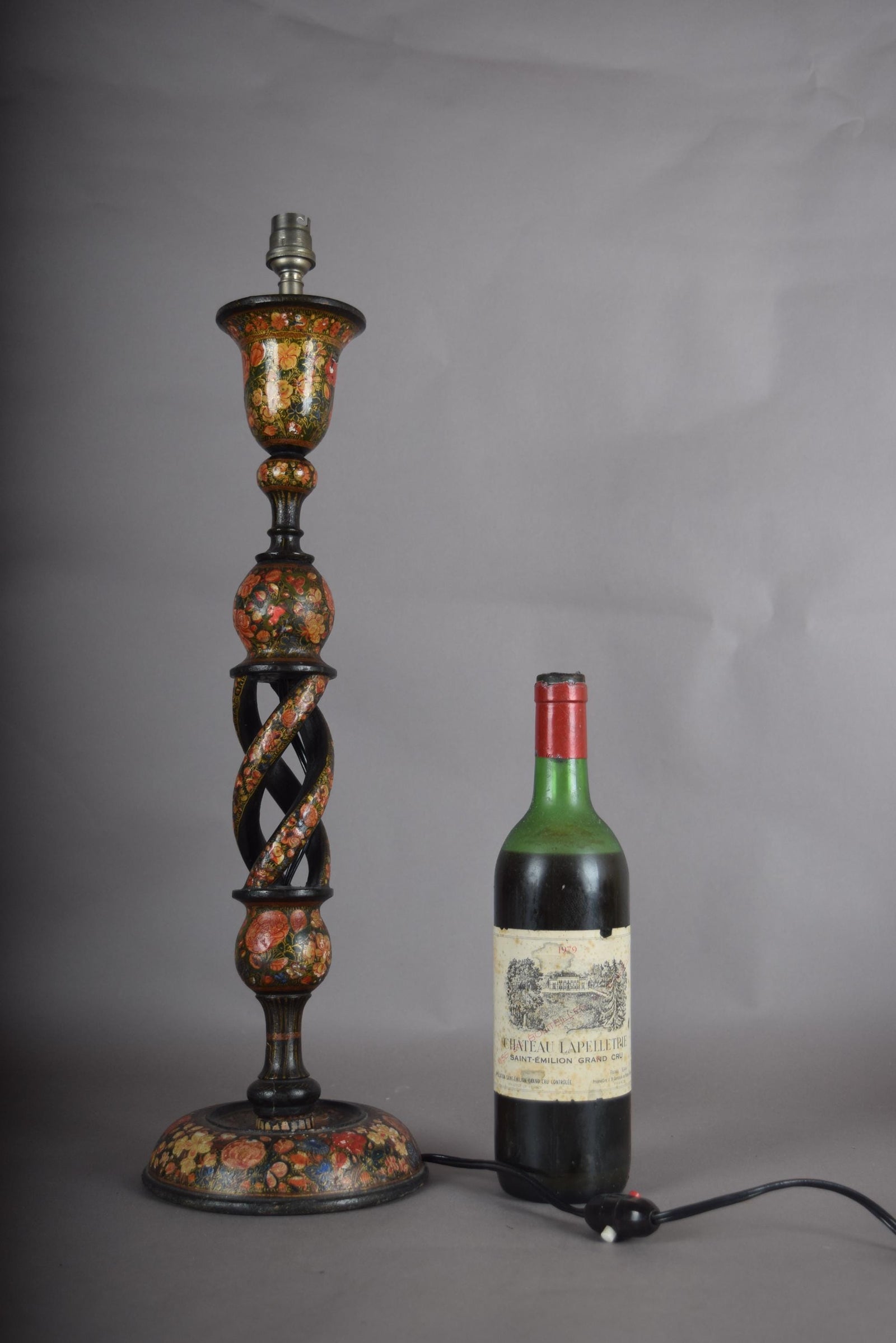 Kashmiri Hand-Painted Wood Table Lamp, Naqashi Floral Decoration, Twisted Column