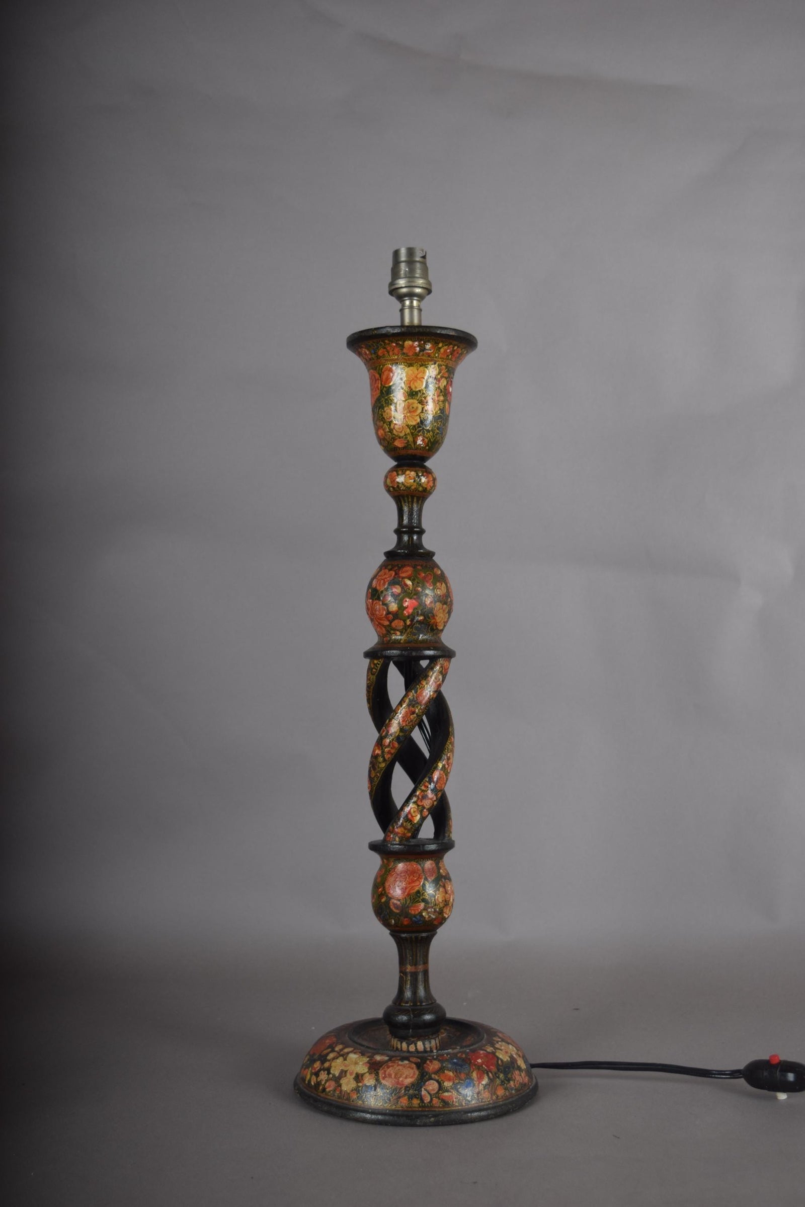 Kashmiri Hand-Painted Wood Table Lamp, Naqashi Floral Decoration, Twisted Column