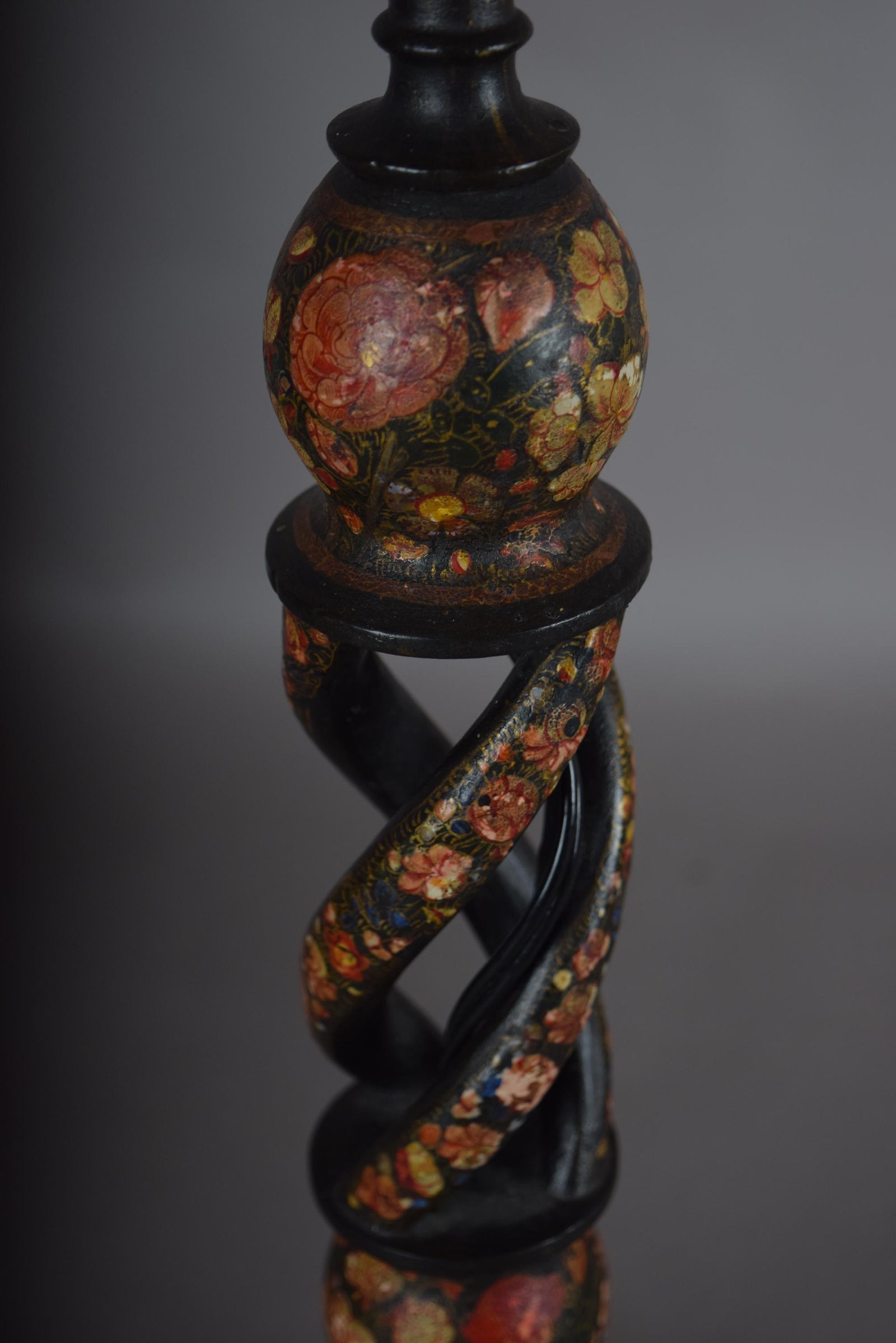 Kashmiri Hand-Painted Wood Table Lamp, Naqashi Floral Decoration, Twisted Column