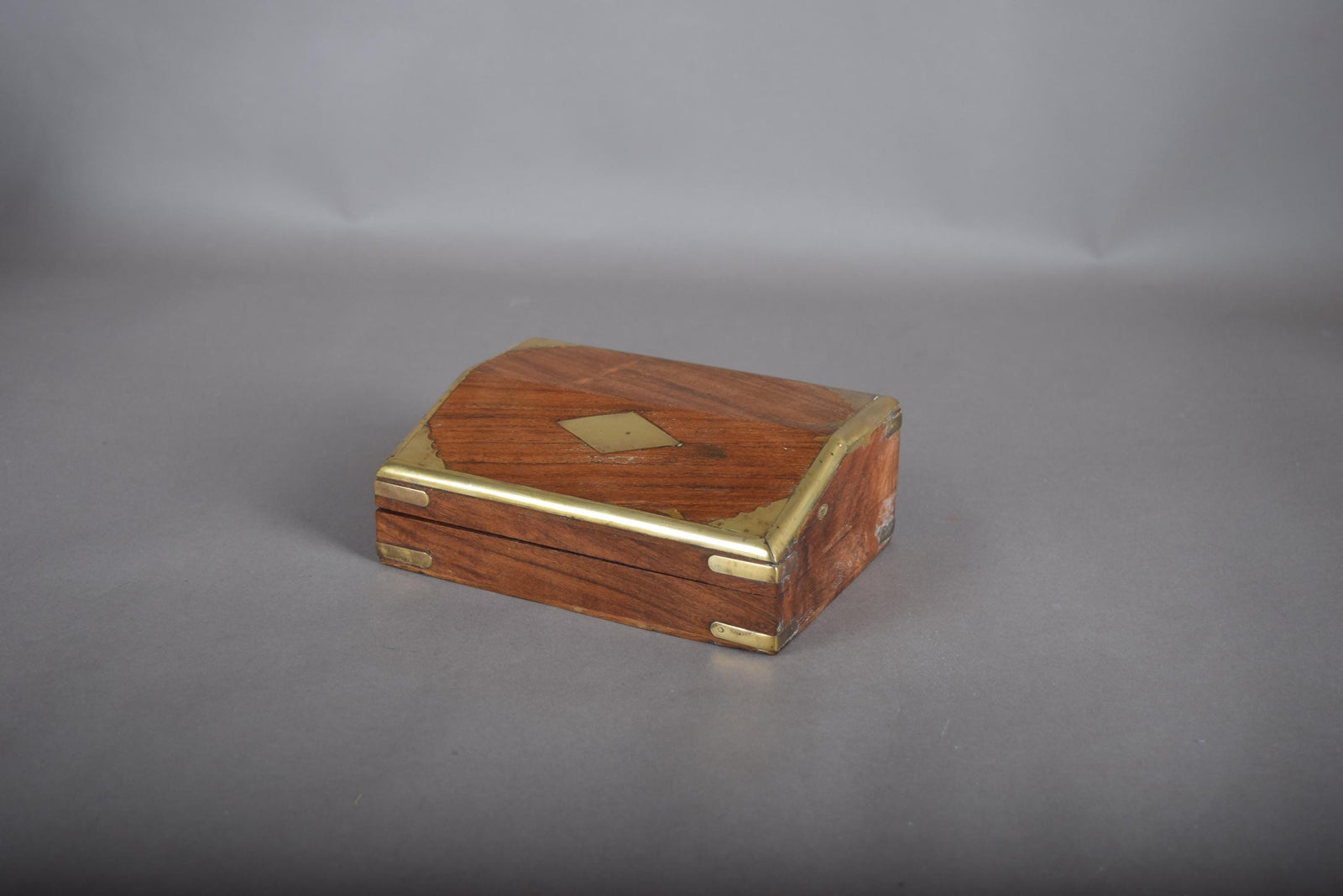 Vintage Wooden Box with Brass Inlay, 1930s — Brass-Trimmed Trinket Box