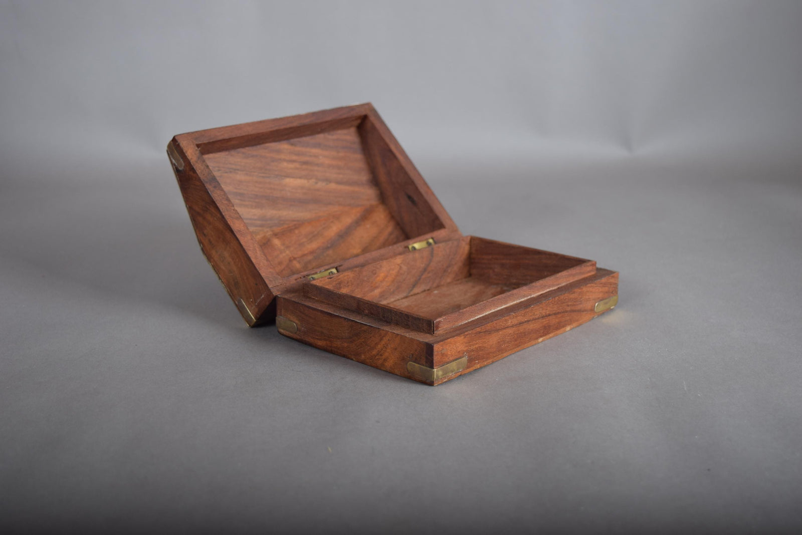 Vintage Wooden Box with Brass Inlay, 1930s — Brass-Trimmed Trinket Box
