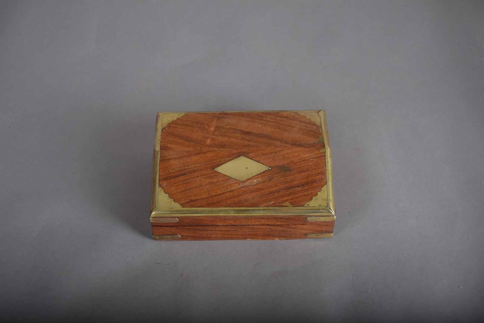 Vintage Wooden Box with Brass Inlay, 1930s — Brass-Trimmed Trinket Box