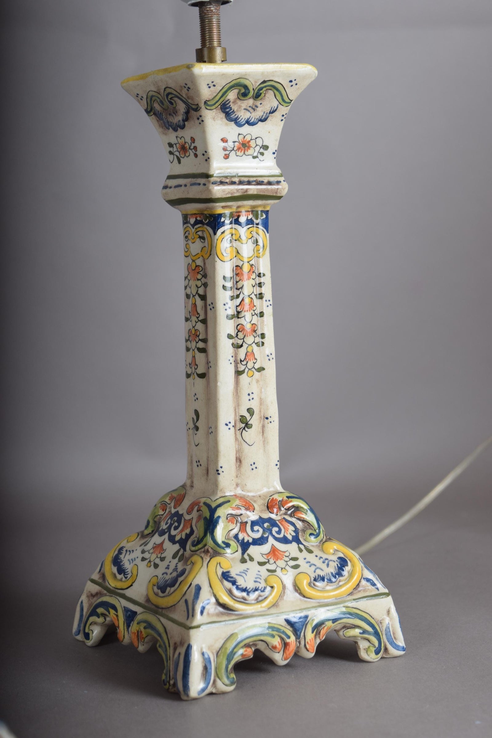 Antique Rouen Faience Ceramic Candlestick Lamp Pair, Hand-Painted Floral — French, Circa 1900