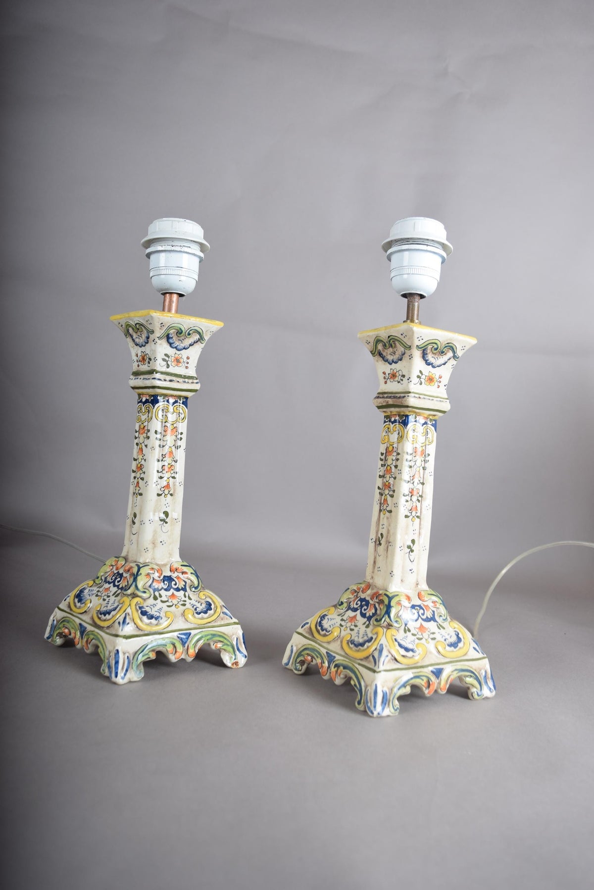 Antique Rouen Faience Ceramic Candlestick Lamp Pair, Hand-Painted Floral — French, Circa 1900