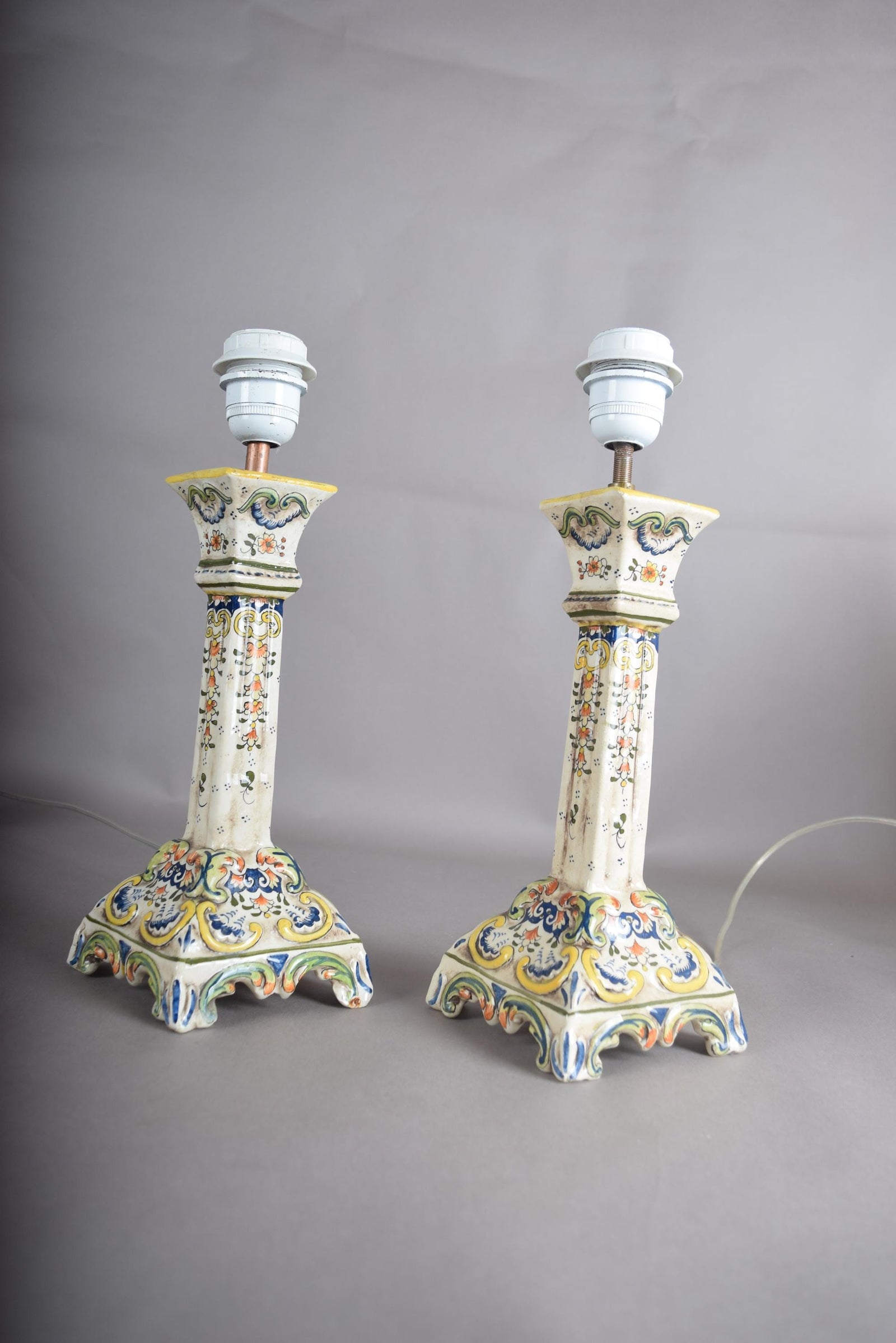 Antique Rouen Faience Ceramic Candlestick Lamp Pair, Hand-Painted Floral — French, Circa 1900