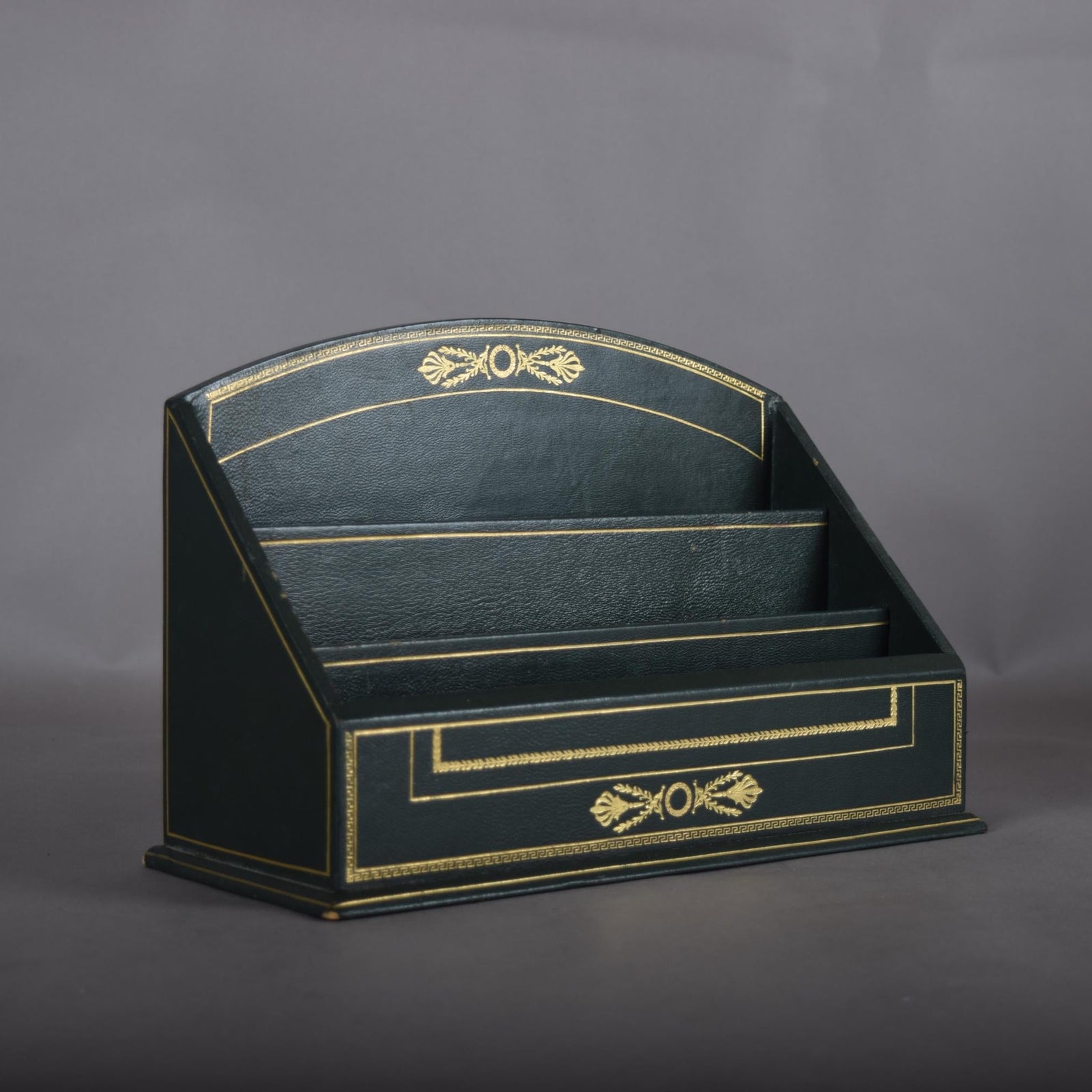 Vintage Leather-Style Letter Holder, Green and Gold Desk Organizer, Paper Sorter with Compartments, Classic Office Decor