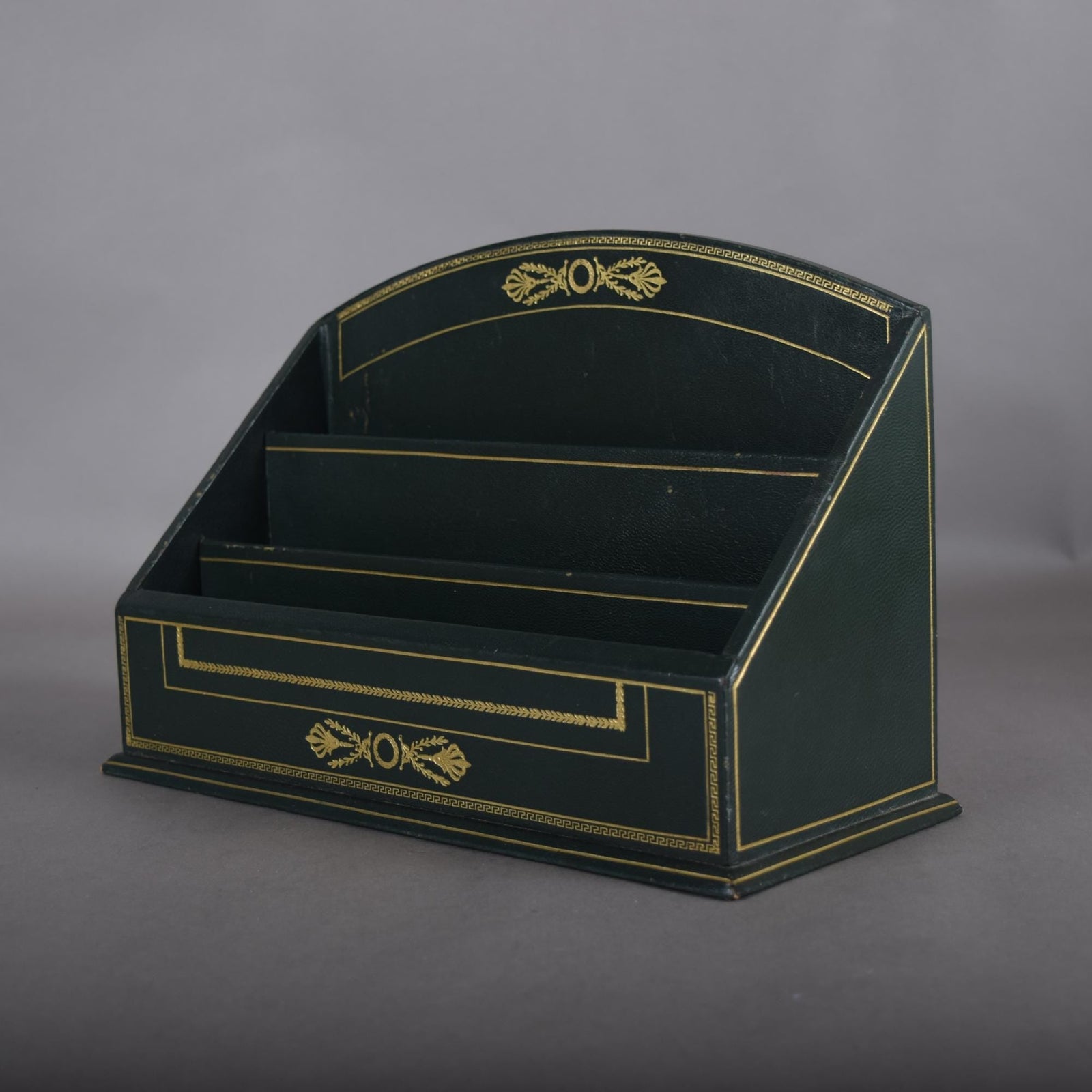 Vintage Leather-Style Letter Holder, Green and Gold Desk Organizer, Paper Sorter with Compartments, Classic Office Decor