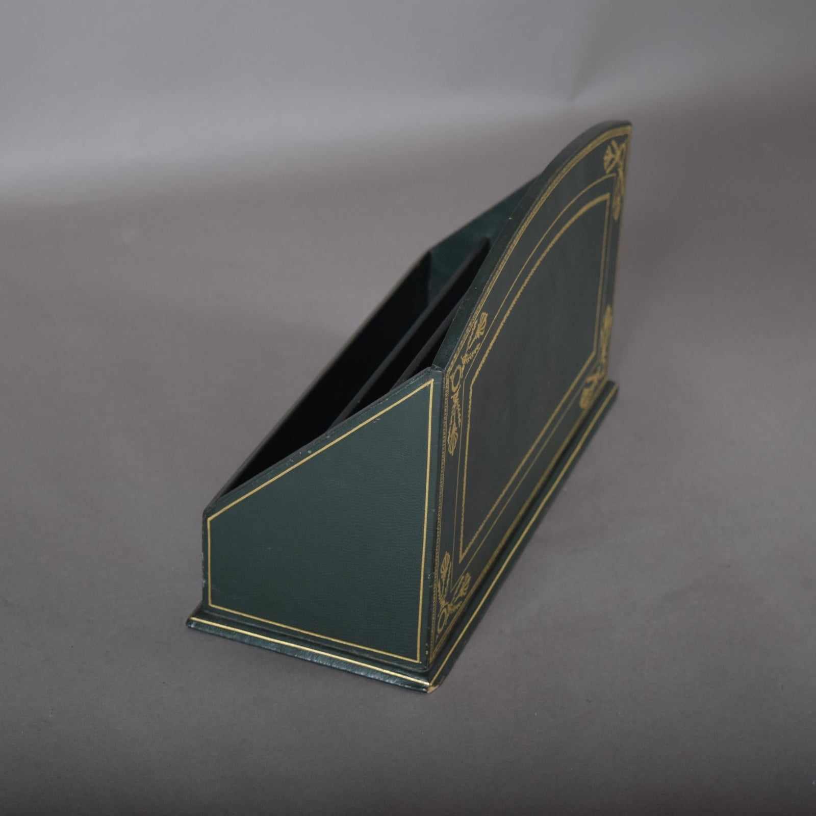 Vintage Leather-Style Letter Holder, Green and Gold Desk Organizer, Paper Sorter with Compartments, Classic Office Decor