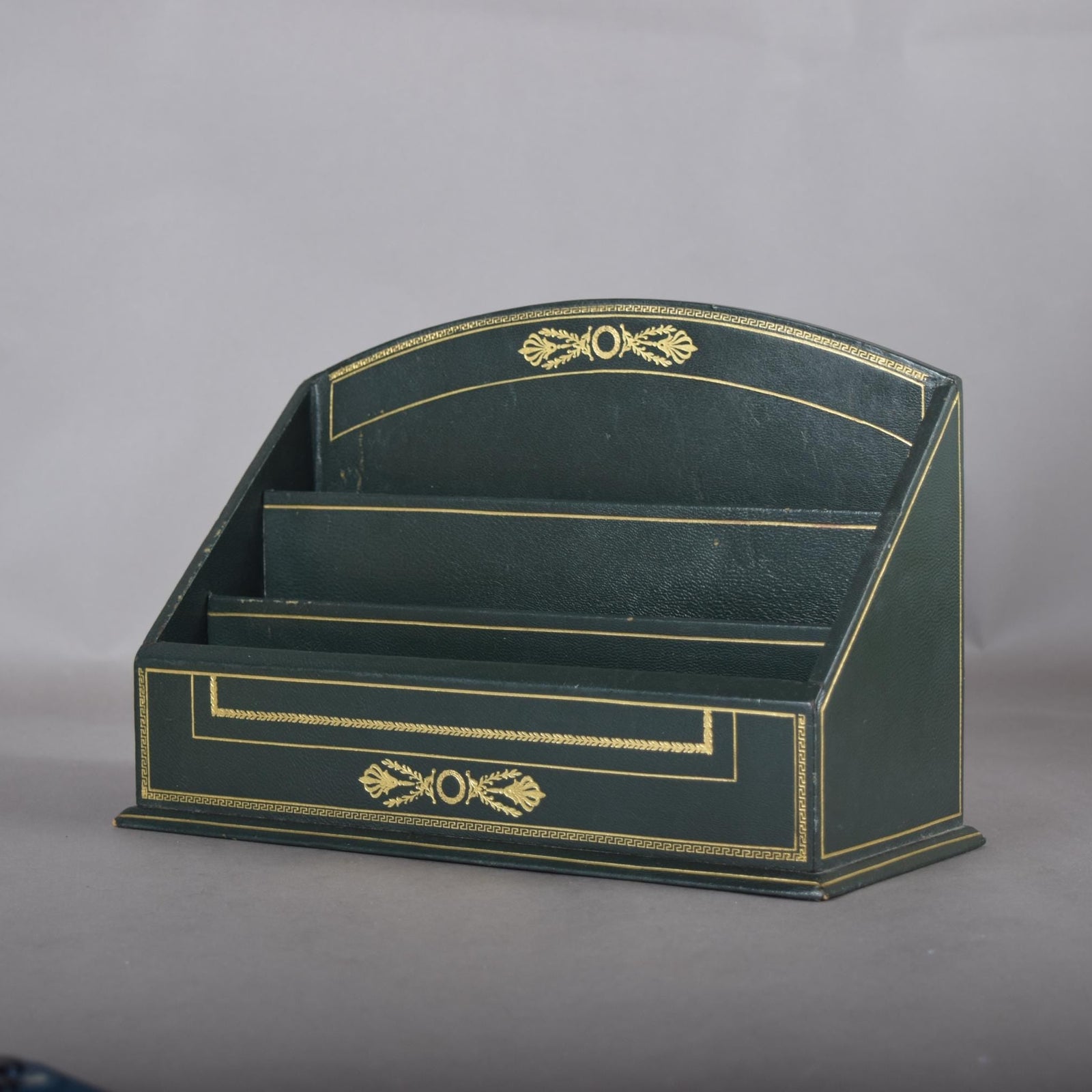 Vintage Leather-Style Letter Holder, Green and Gold Desk Organizer, Paper Sorter with Compartments, Classic Office Decor