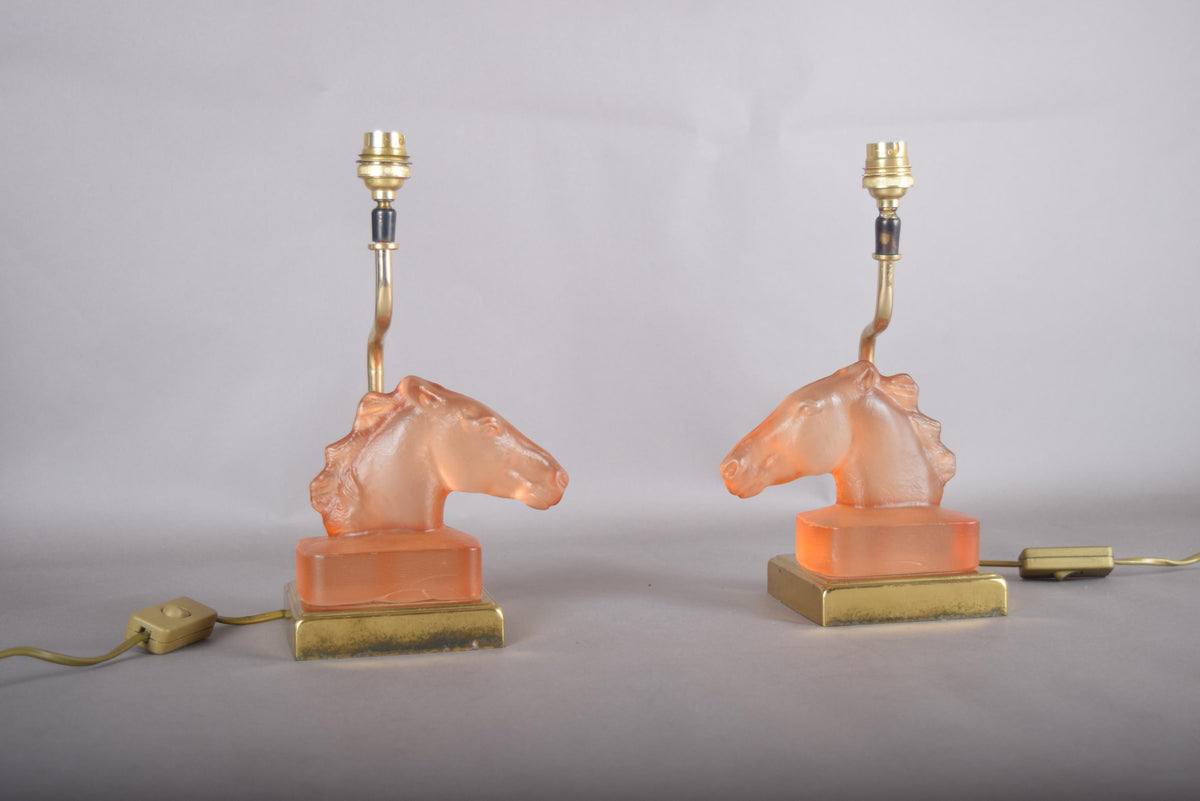 Le Dauphin Horse Lamps, Pair Vintage French Satin Glass and Brass Table Lamps, 1970s