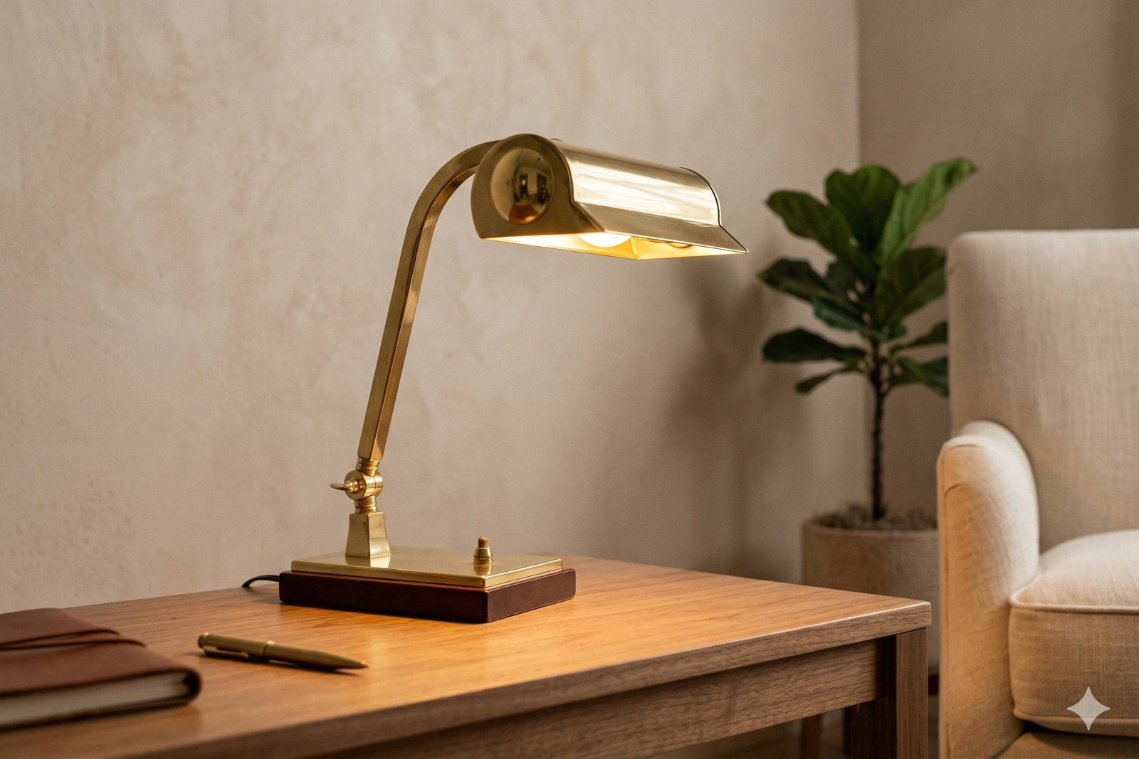 Vintage Brass Banker's Desk Lamp, Adjustable Arm, Wood Base, 1950s