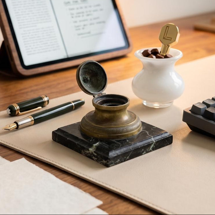Antique Bronze Inkwell, 19th Century | French Style Marble Base | Hinged Desk Accessory, Writing Collectible