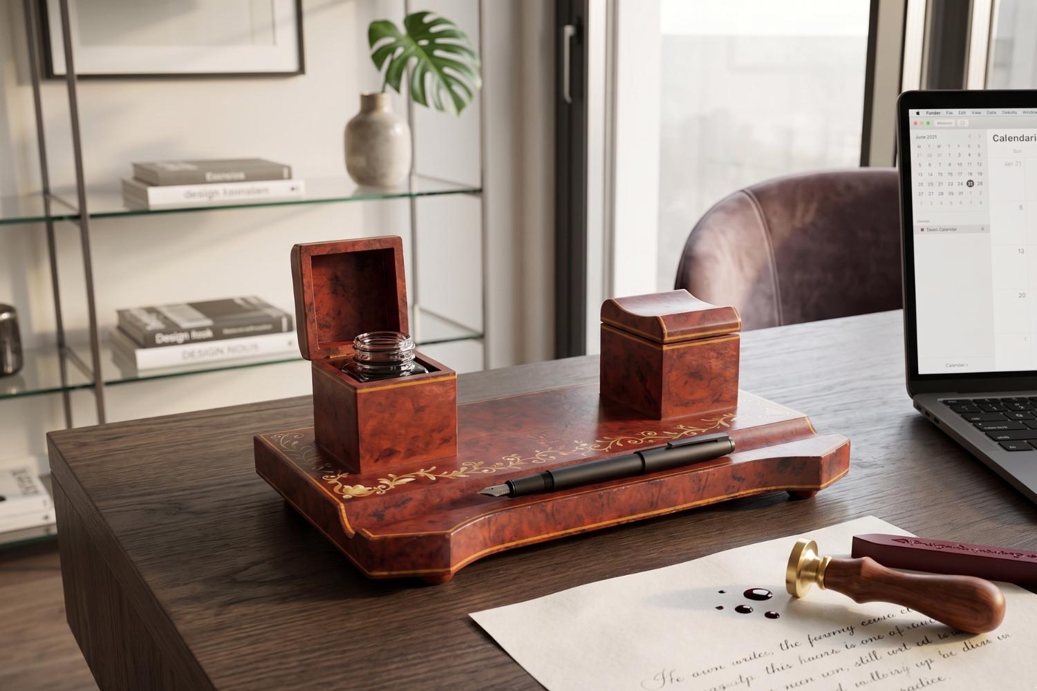 Vintage Hand-Painted Wooden Double Inkwell, Floral Detailing — French Style, 1950s