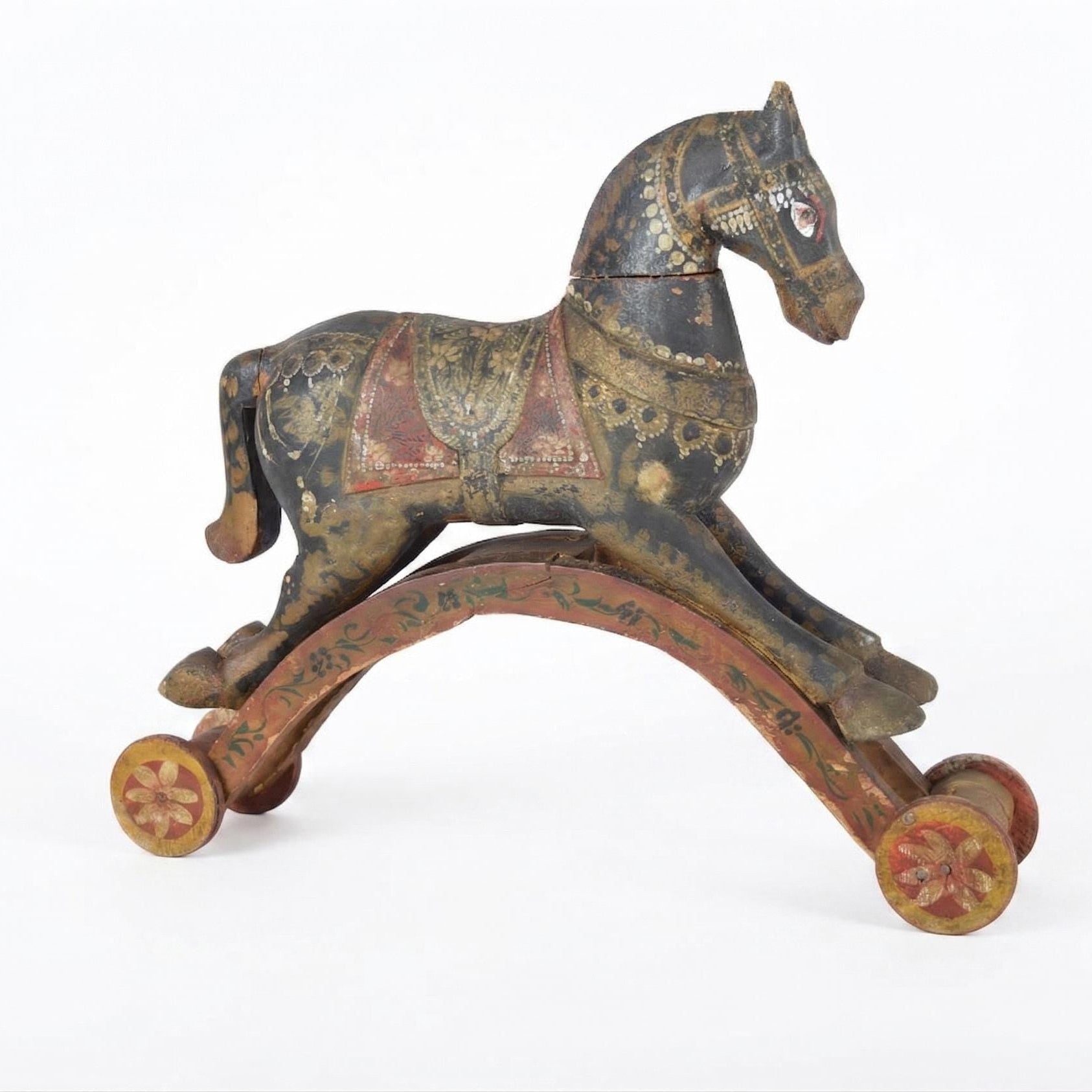 Antique Hand-Carved Wooden Horse on Wheels — Indian Folk Art, 19th Century
