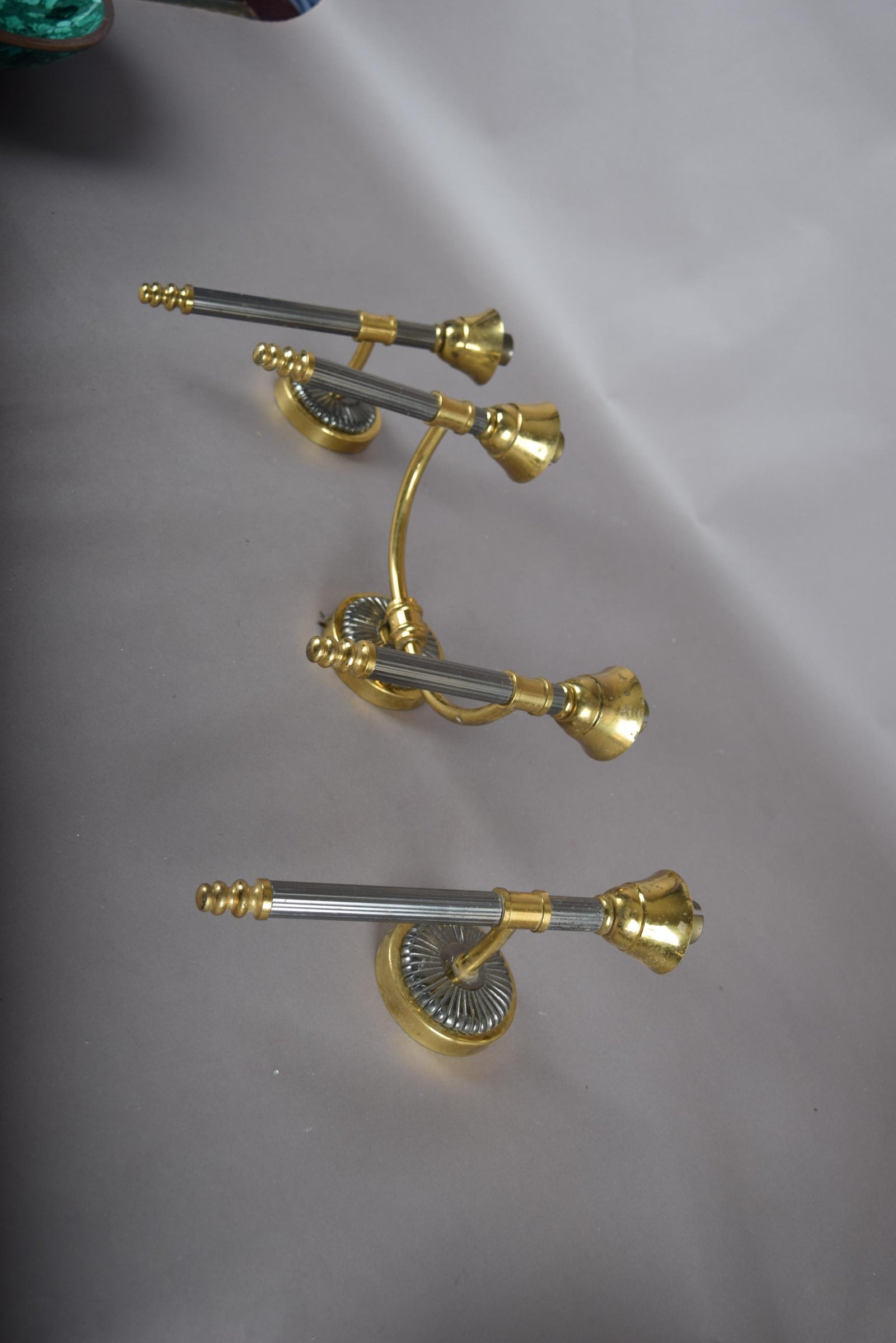 Vintage 1950s Brass Wall Sconces, Set of Three — Two Single Arm, One Double Arm, Mid-Century