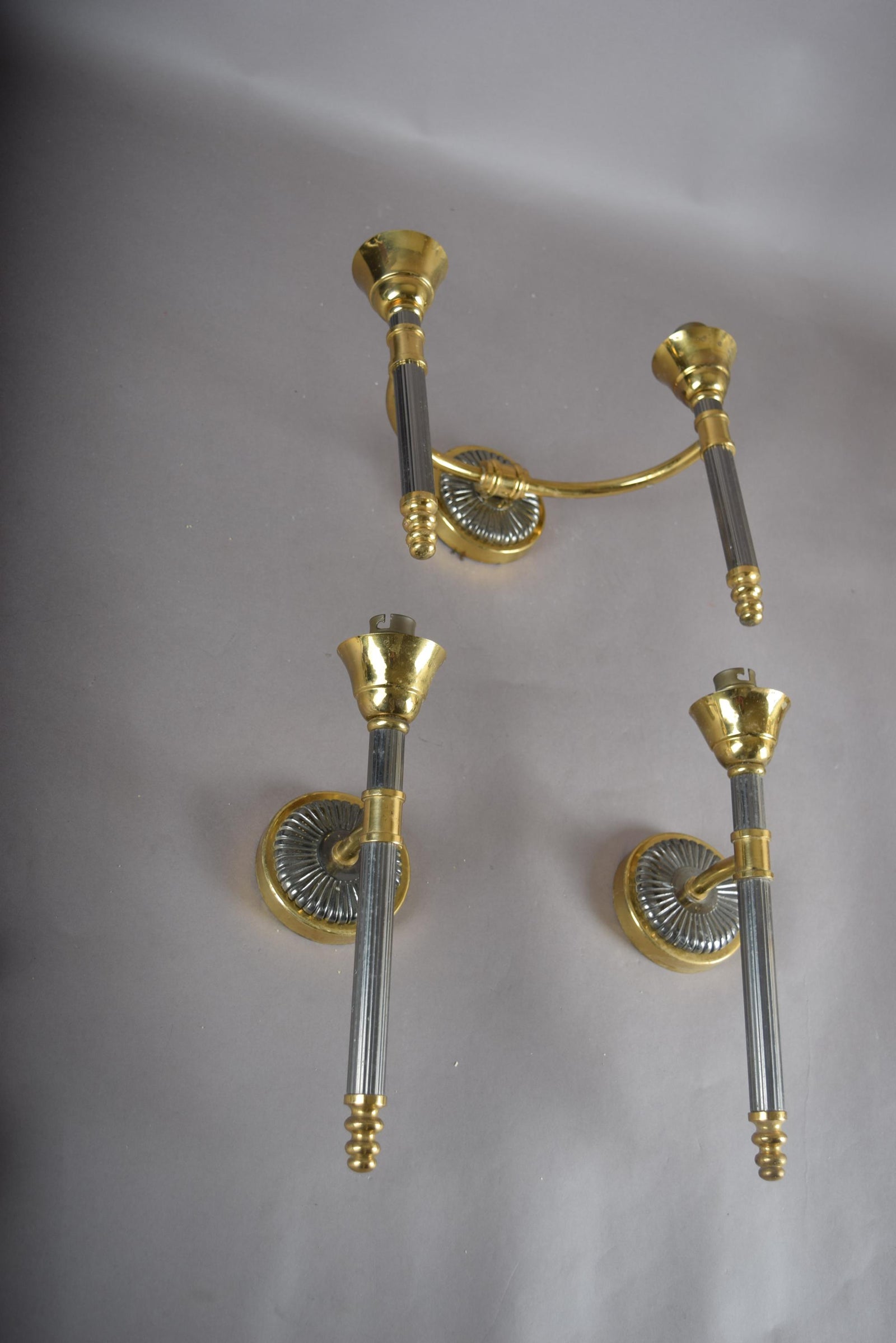 Vintage 1950s Brass Wall Sconces, Set of Three — Two Single Arm, One Double Arm, Mid-Century