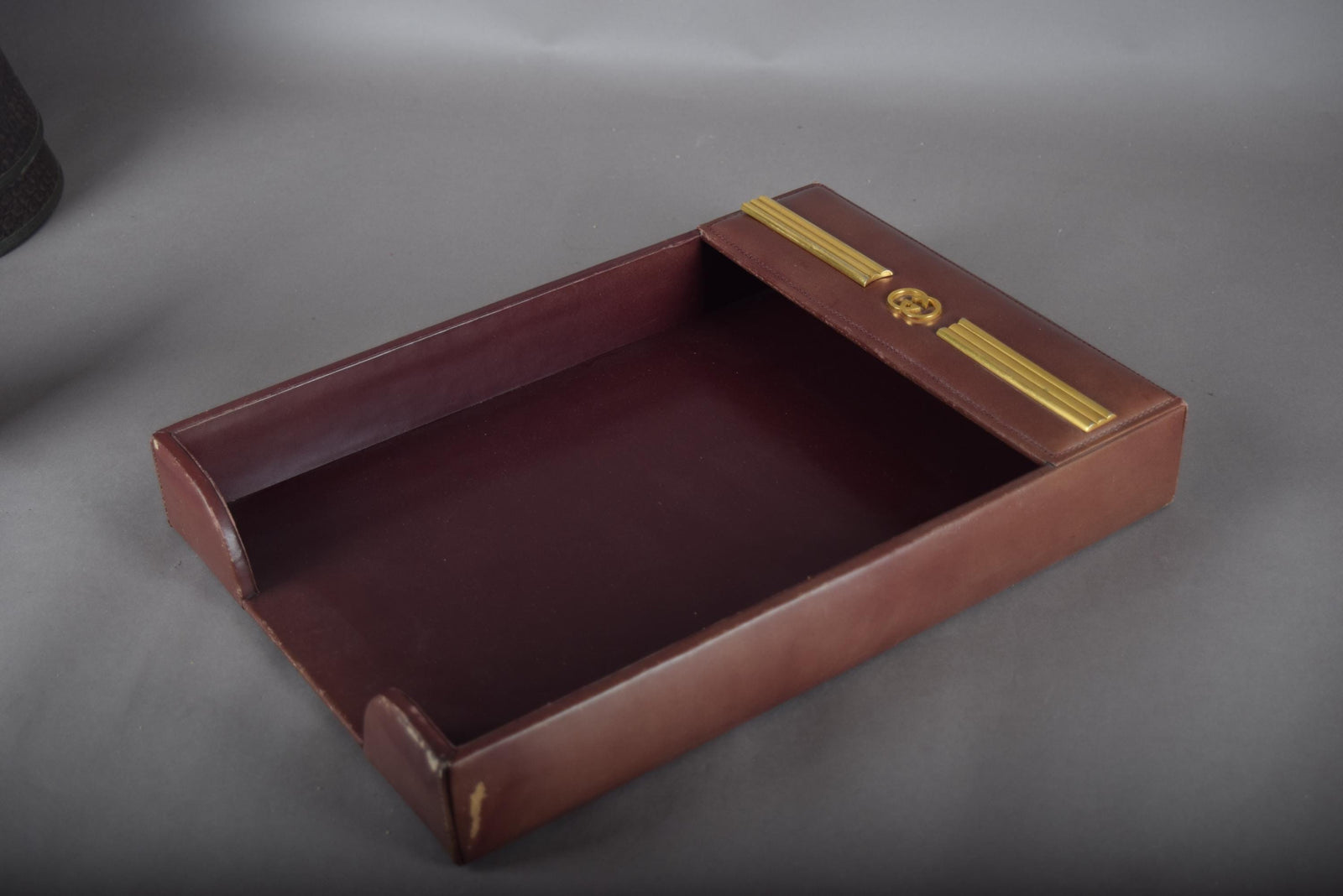 Vintage 1970s Gucci Red Leather Desk Tray – Gold Double-G Logo Paper Organizer, Rare Designer Office Accessory