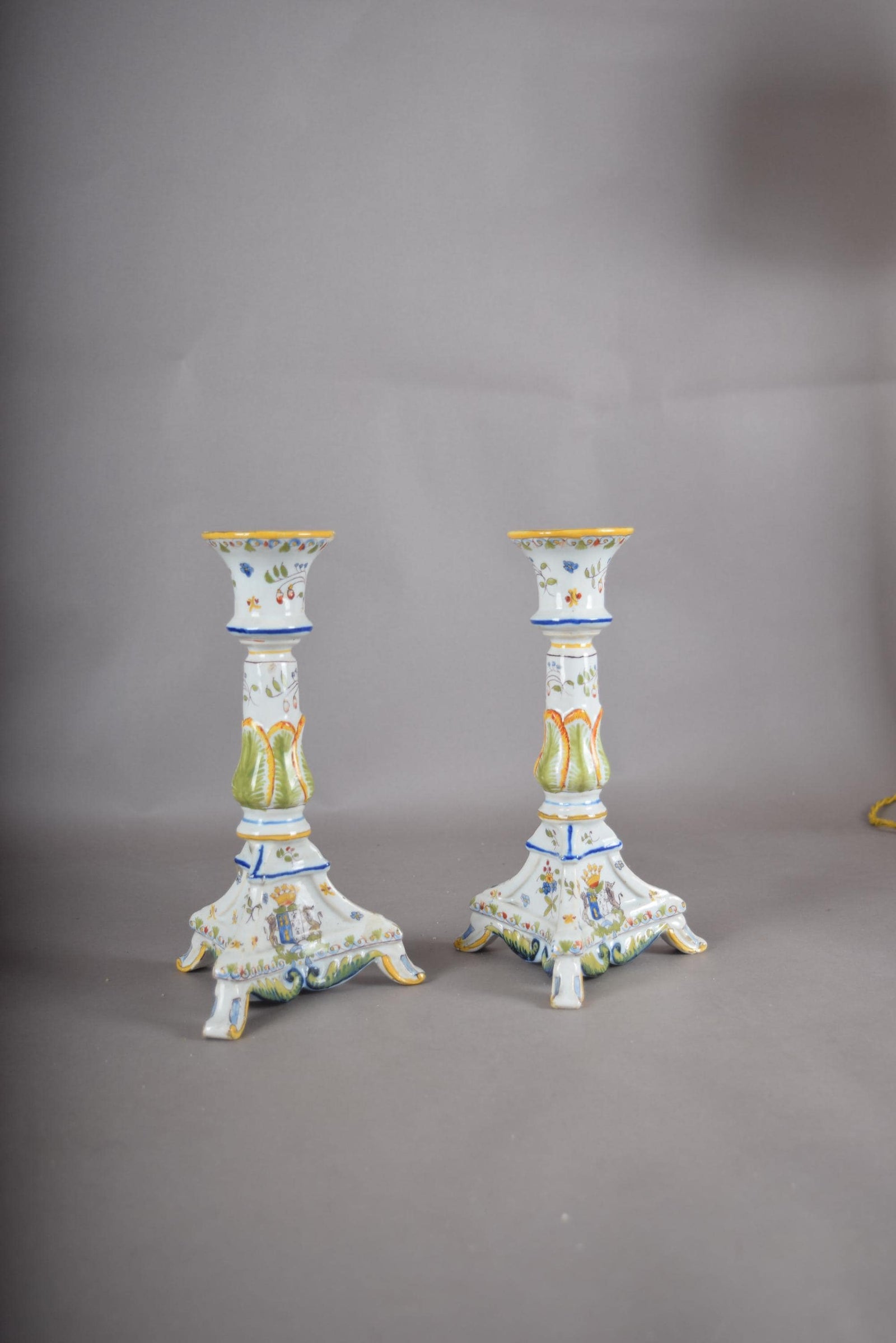Vintage Hand-Painted Ceramic Candlesticks, Heraldic Floral Pair, Antique Table Décor