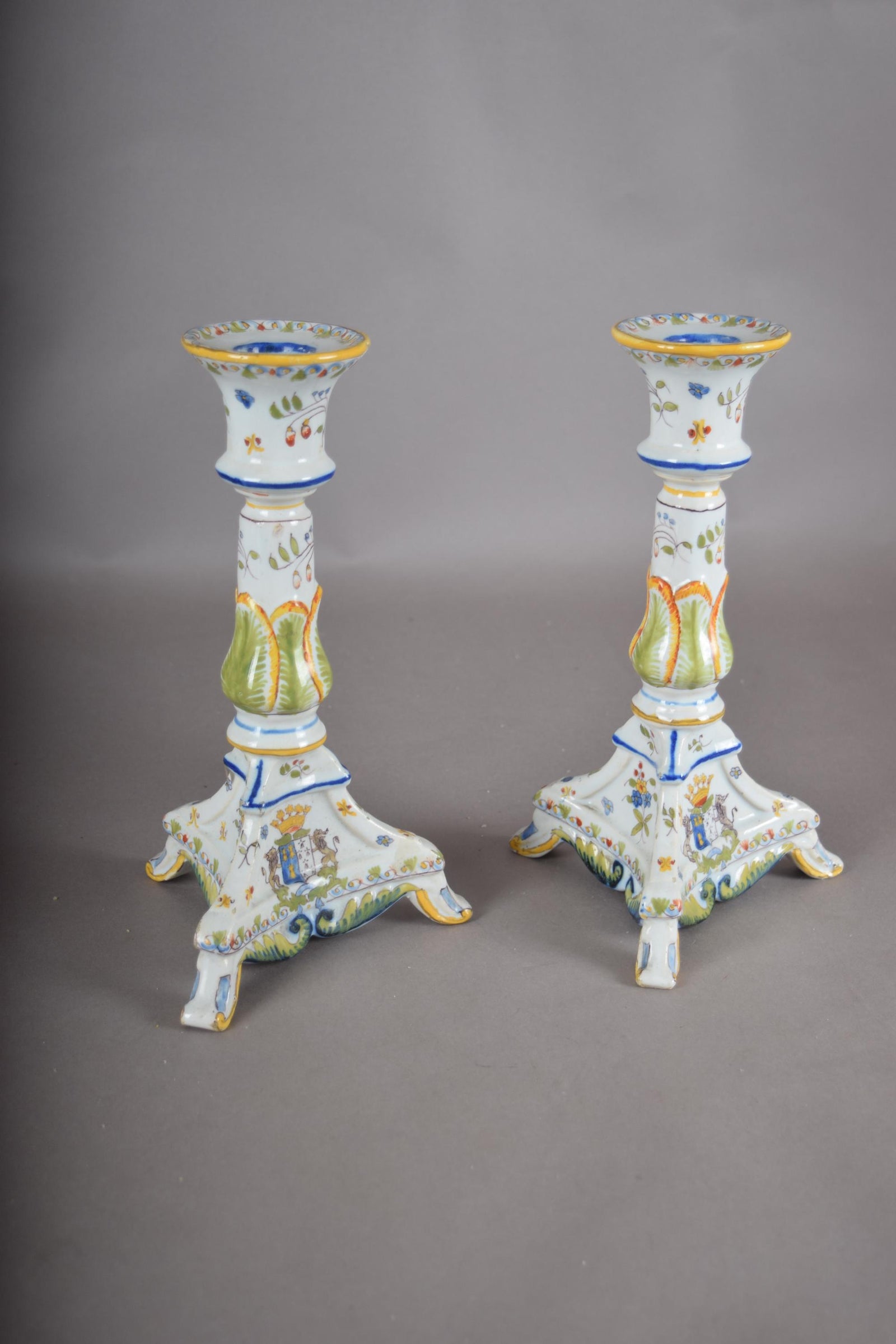 Vintage Hand-Painted Ceramic Candlesticks, Heraldic Floral Pair, Antique Table Décor