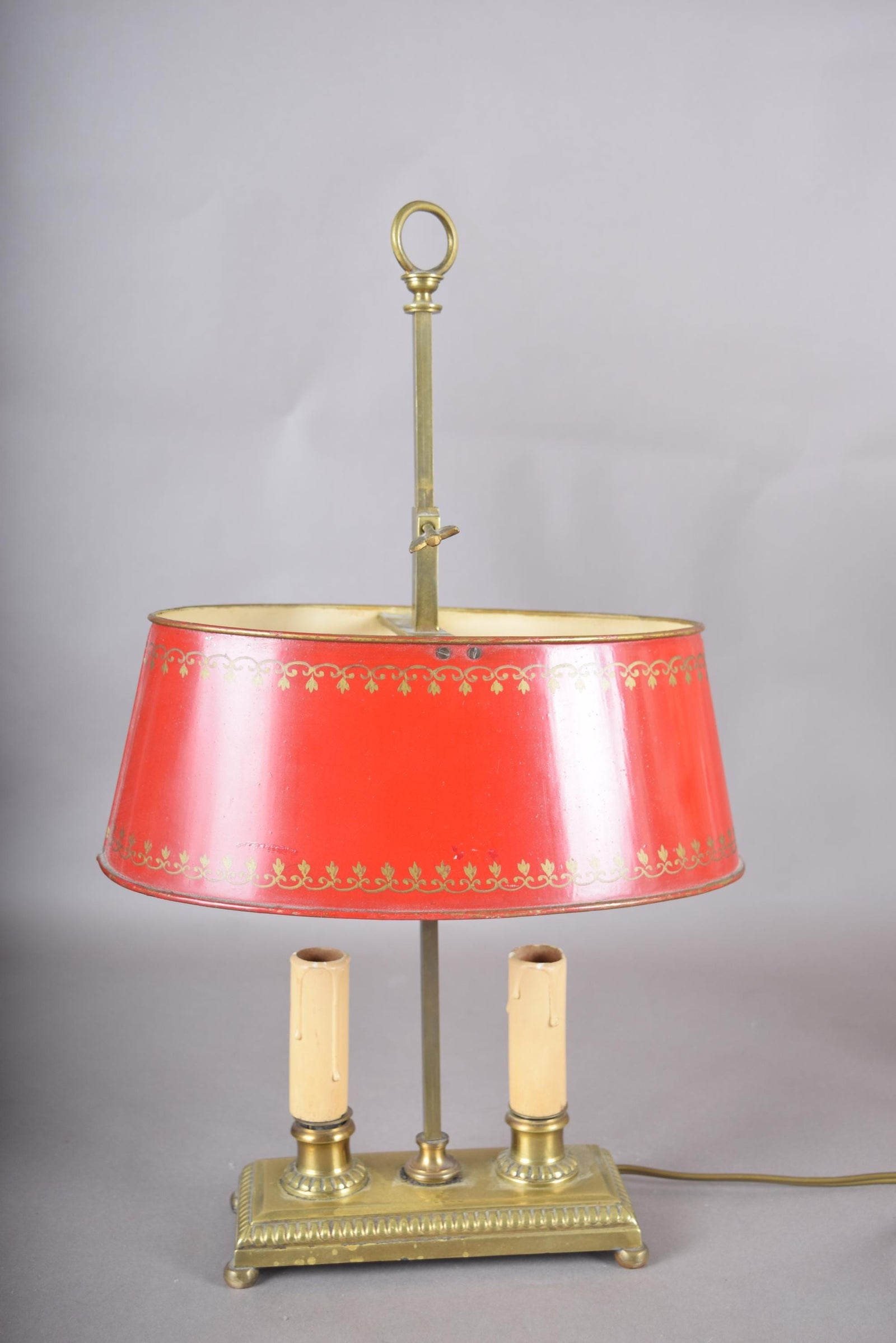 Vintage Brass Bouillotte Table Lamp, Red Tole Shade — French Style, circa 1950s