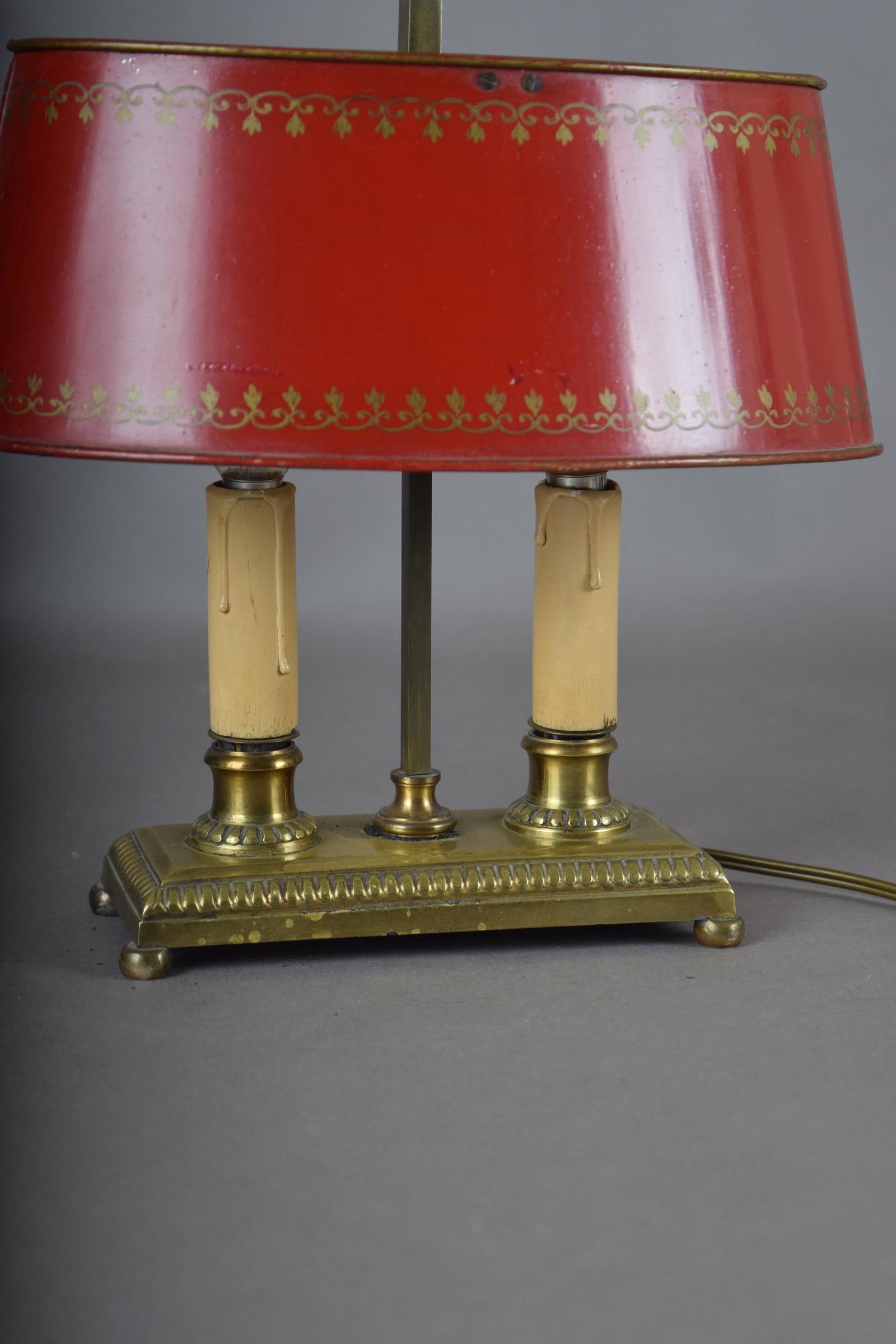 Vintage Brass Bouillotte Table Lamp, Red Tole Shade — French Style, circa 1950s