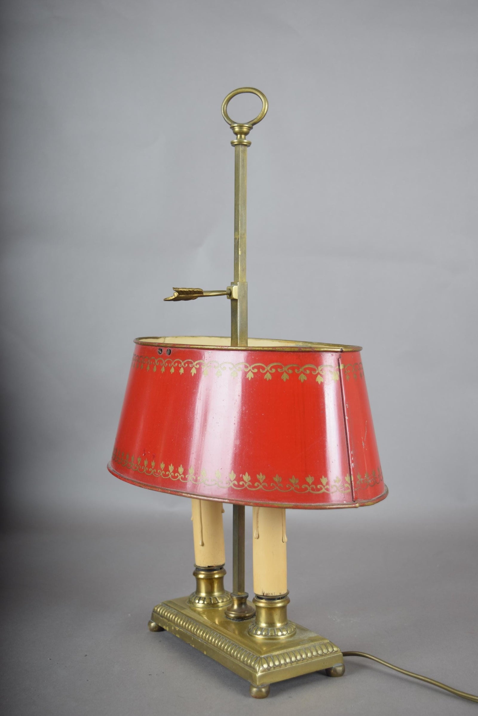 Vintage Brass Bouillotte Table Lamp, Red Tole Shade — French Style, circa 1950s