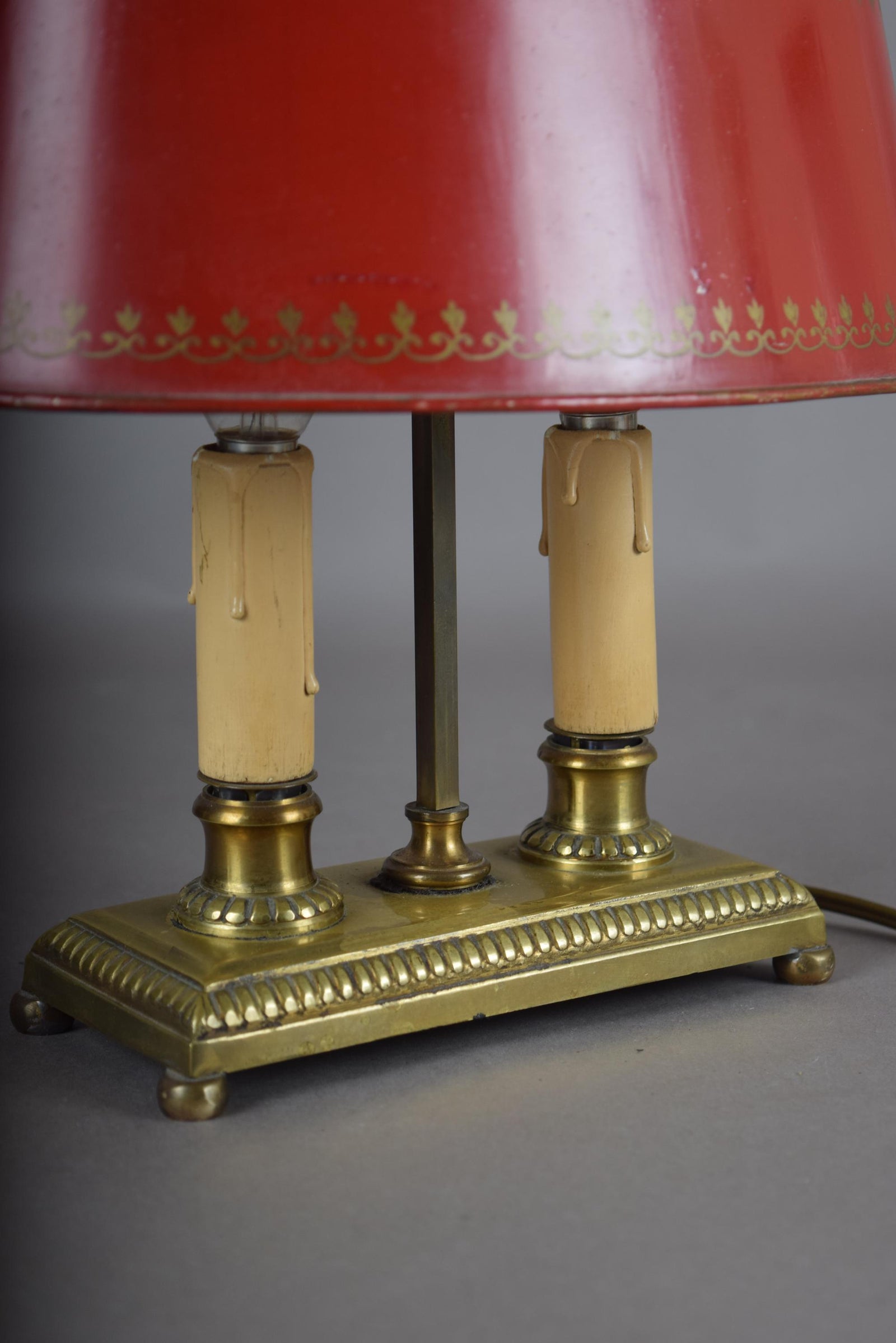 Vintage Brass Bouillotte Table Lamp, Red Tole Shade — French Style, circa 1950s