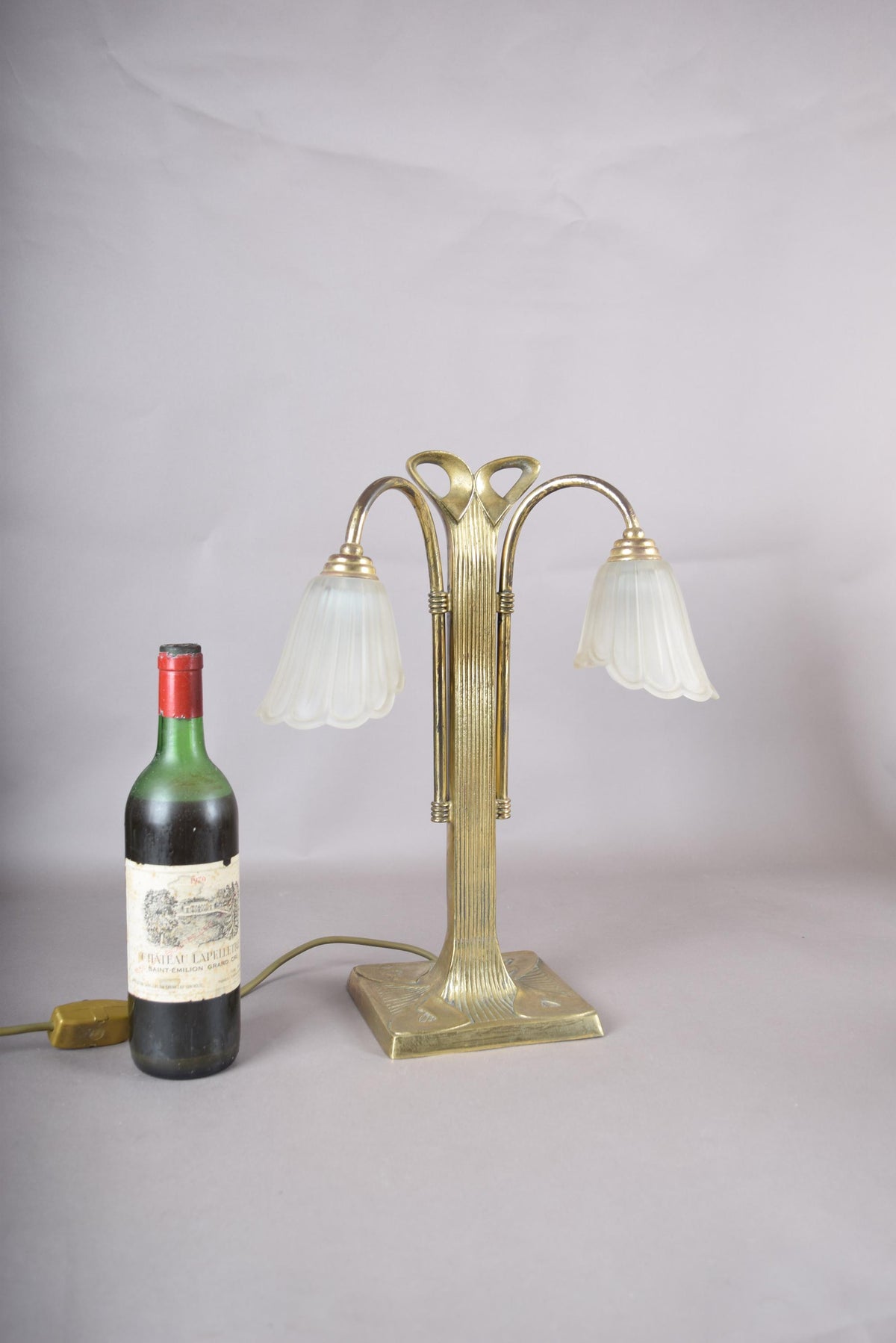 Vintage Brass Double-Arm Table Lamp, Frosted Tulip Shades — Art Nouveau Style, 1950s