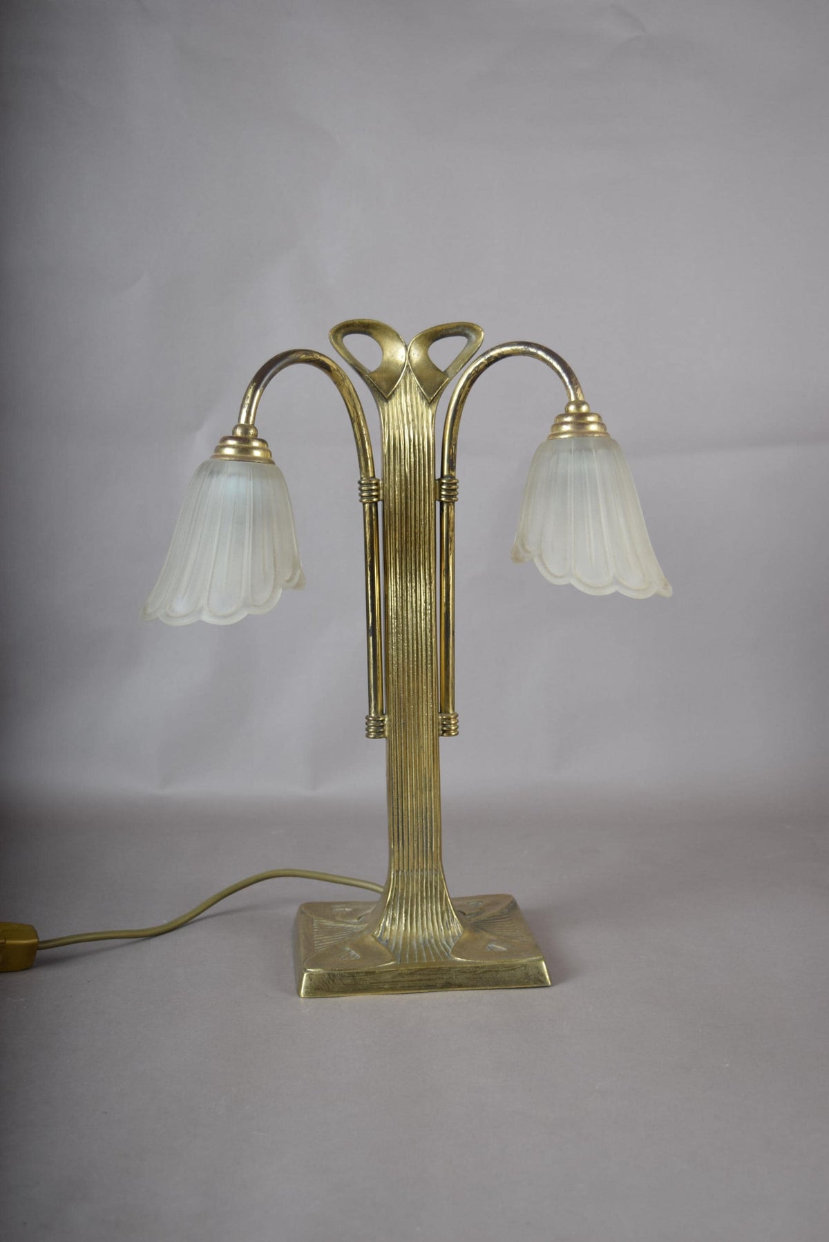 Vintage Brass Double-Arm Table Lamp, Frosted Tulip Shades — Art Nouveau Style, 1950s