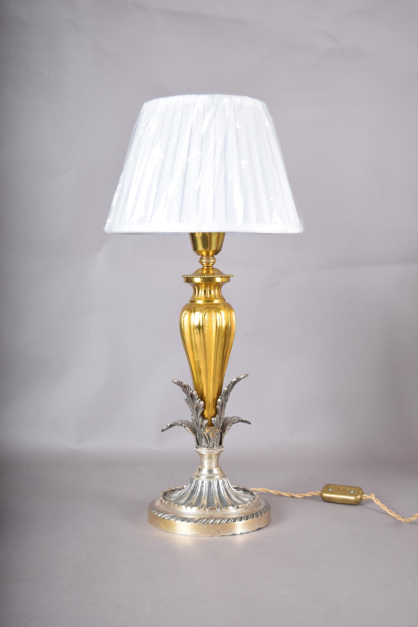Vintage Ornate Brass Table Lamp | Dual-Tone Gold & Silver Fluted Design | Sculpted Leaf Motif | Circa 1960s | Rewired