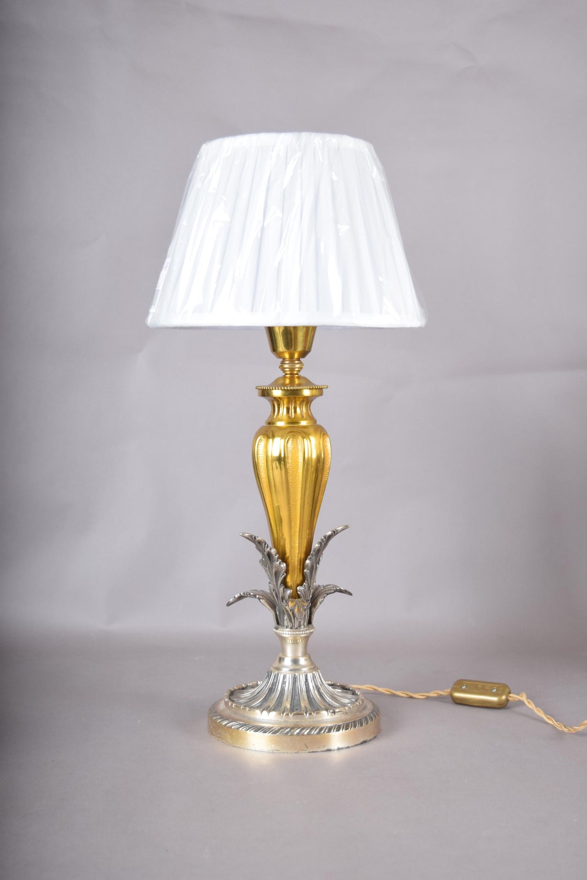 Vintage Ornate Brass Table Lamp, Dual-Tone Gold & Silver Fluted Design, Sculpted Leaf Motif, Circa 1960s, Rewired