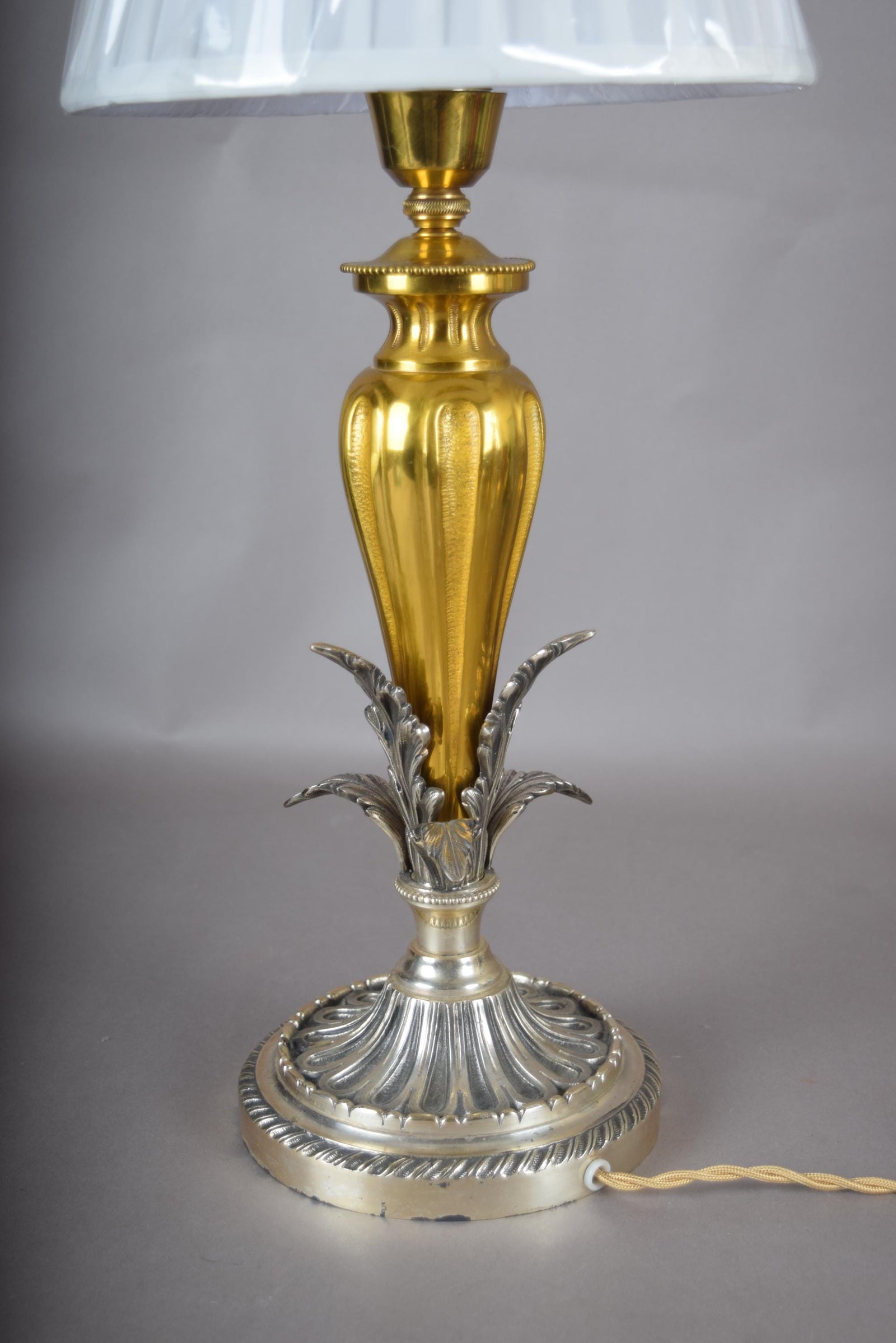 Vintage Ornate Brass Table Lamp | Dual-Tone Gold & Silver Fluted Design | Sculpted Leaf Motif | Circa 1960s | Rewired
