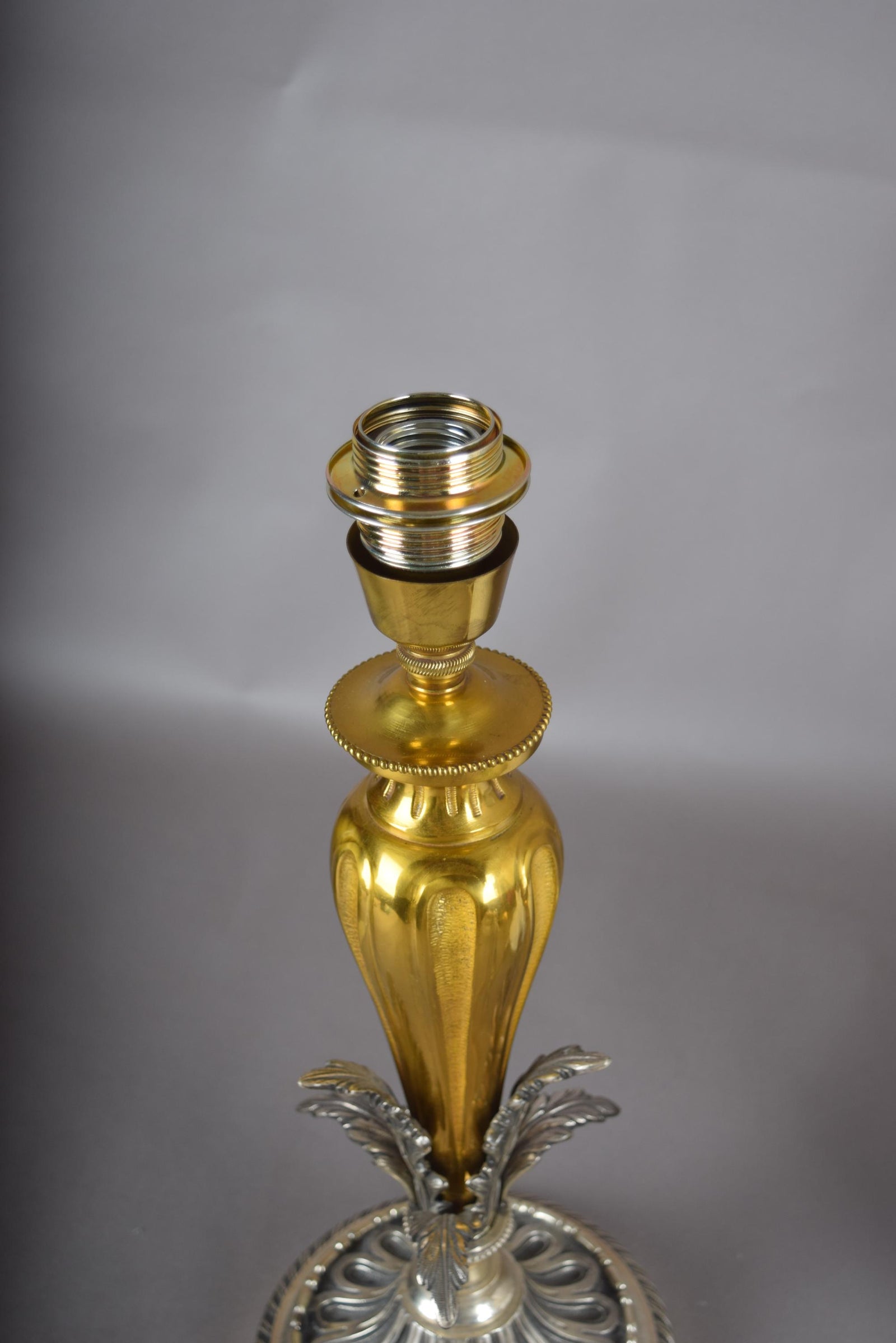 Vintage Ornate Brass Table Lamp | Dual-Tone Gold & Silver Fluted Design | Sculpted Leaf Motif | Circa 1960s | Rewired