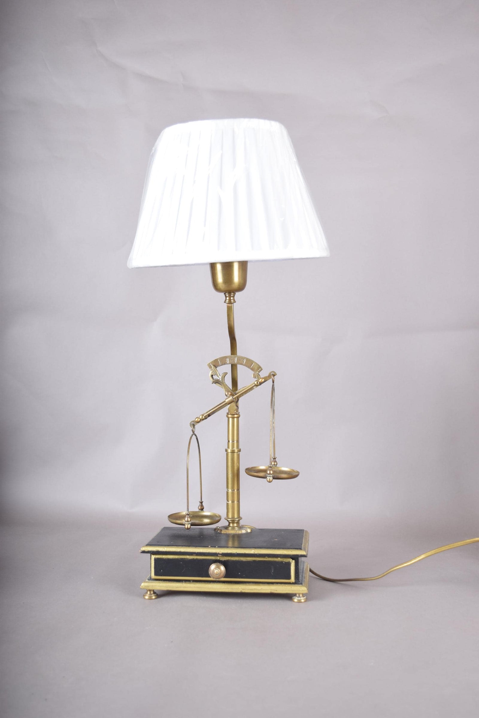 Vintage Brass Scale Lamp, Libra Balance Motif, Drawer Base, Pleated Shade, 1950s