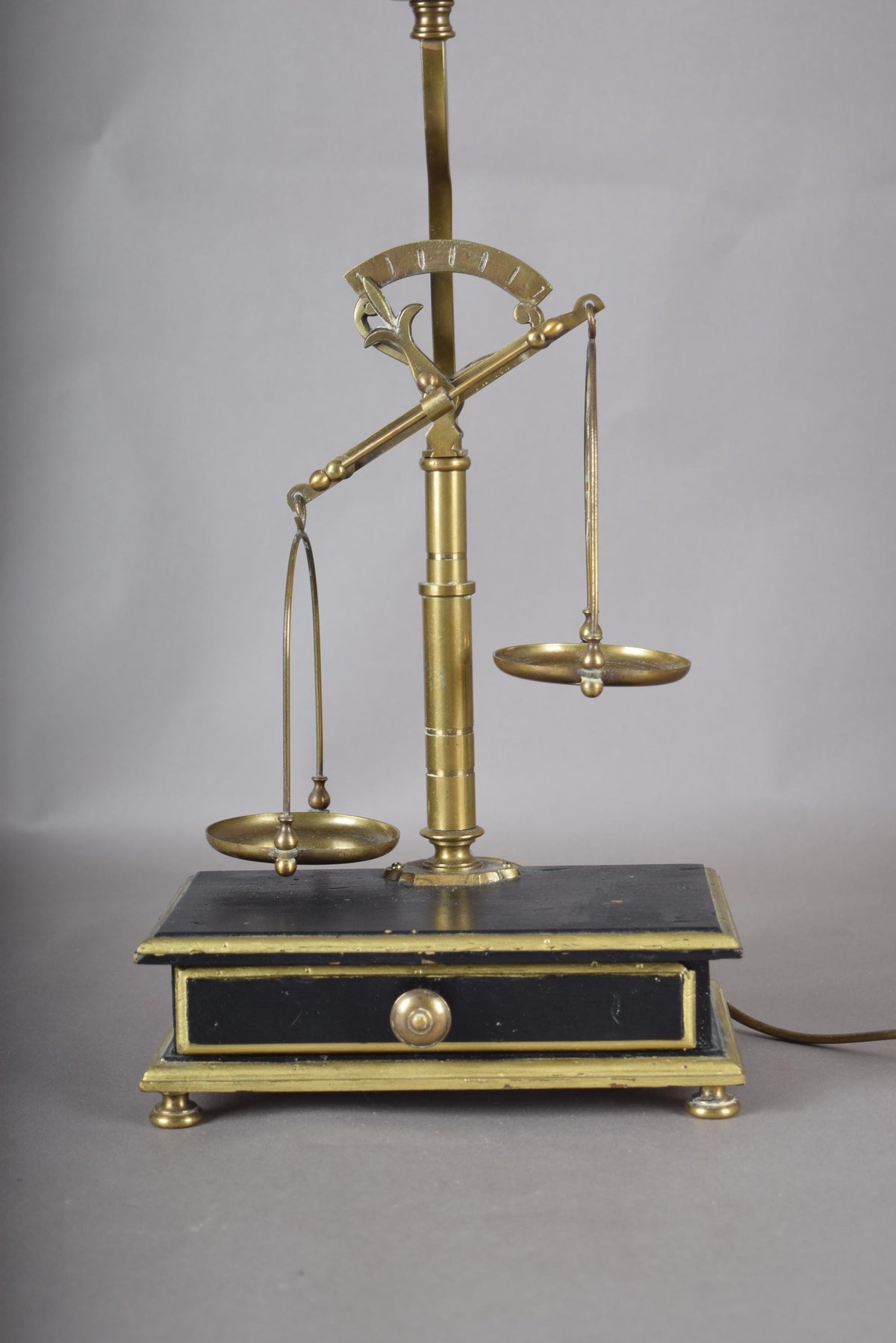 Vintage Brass Scale Lamp, Libra Balance Motif, Drawer Base, Pleated Shade, 1950s