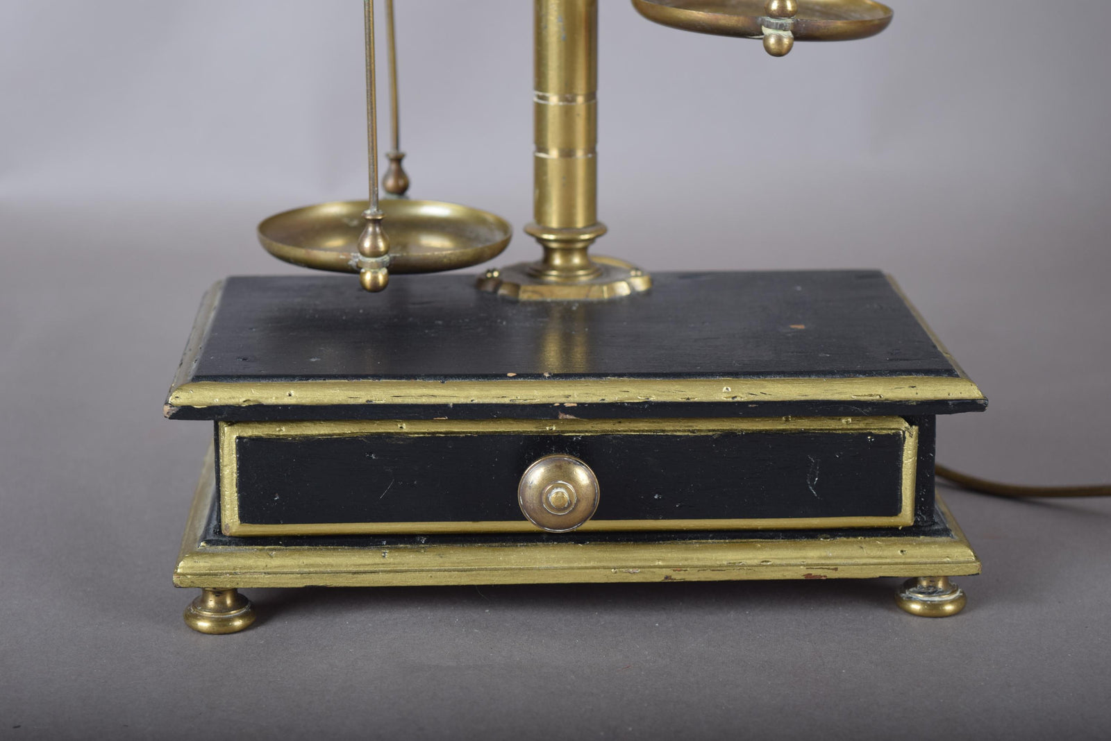 Vintage Brass Scale Lamp, Libra Balance Motif, Drawer Base, Pleated Shade, 1950s